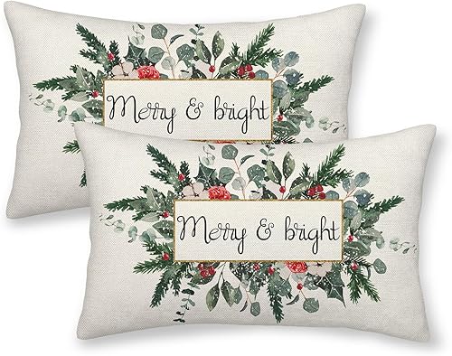 OFIRD Fundas de almohada navideñas de 12 x 20 pulgadas, paquete de 2 fundas de almohada de muérdago verde de Navidad, guirnalda de hojas de