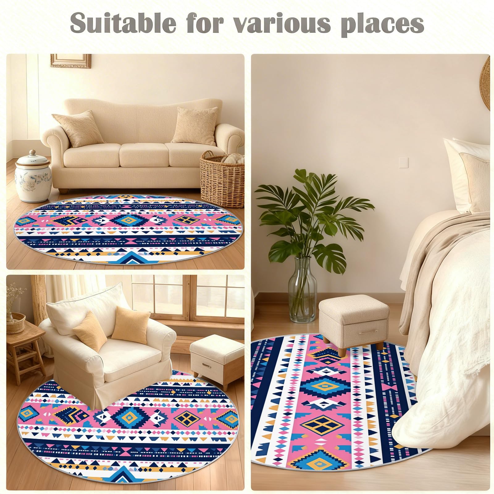 Tapis rond aztèque – Tapis géométrique tribal pour cuisine, ethnique bohème – Tapis circulaire pour salle à manger – Tapis lavable antidérapant coloré sud-ouest – 1,5 m