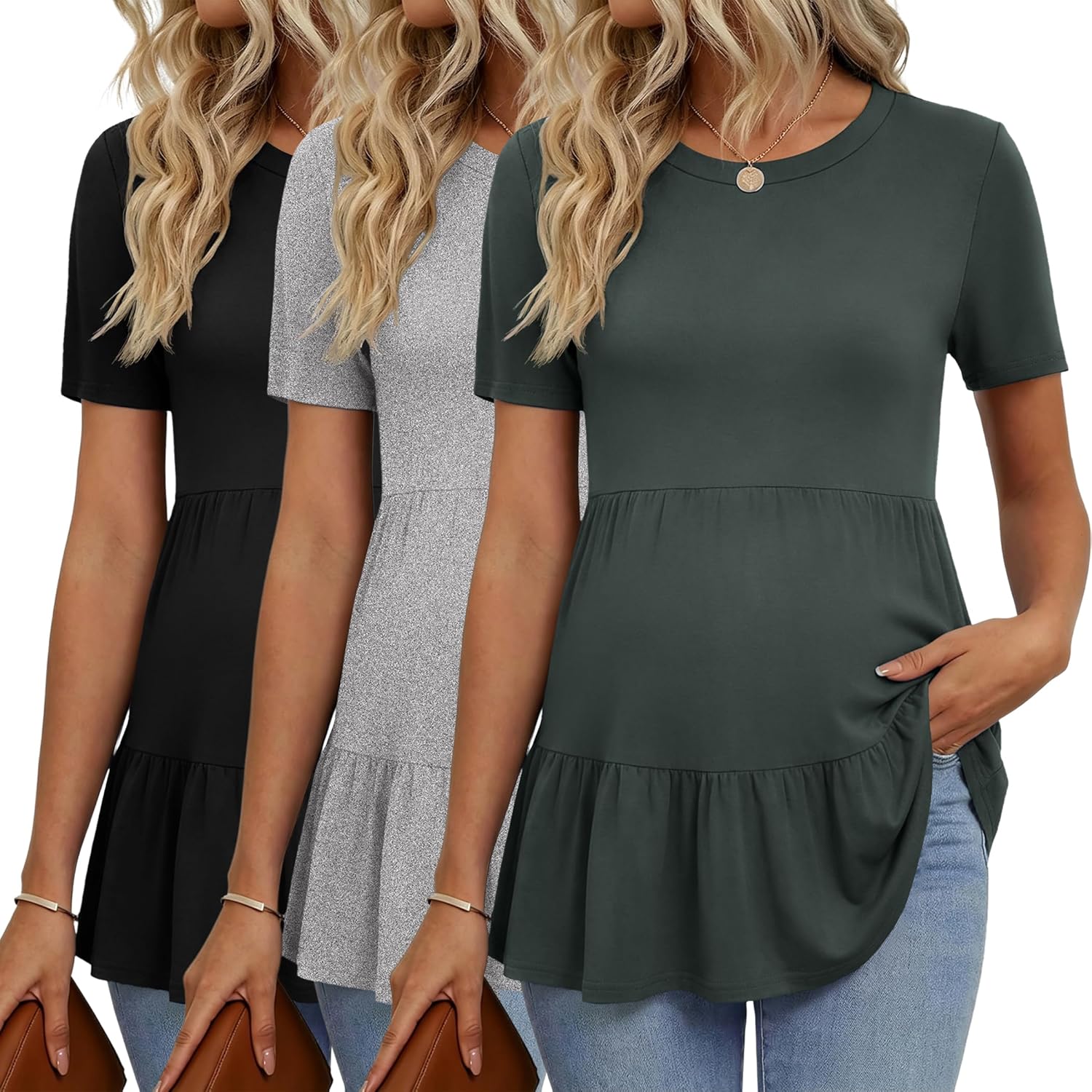 Ekouaer 3 Pack Women's Maternity Shirts Short Sleeve Ruffle Pregnancy Clothes Blouse Peplum Babydoll Tops Casual Mama Tee