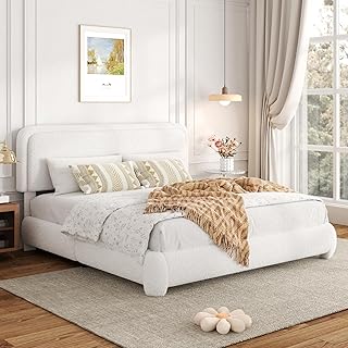 Queen Bed Frame, Cloud White Boucle Upholstered Platform Bed, Modern Min...