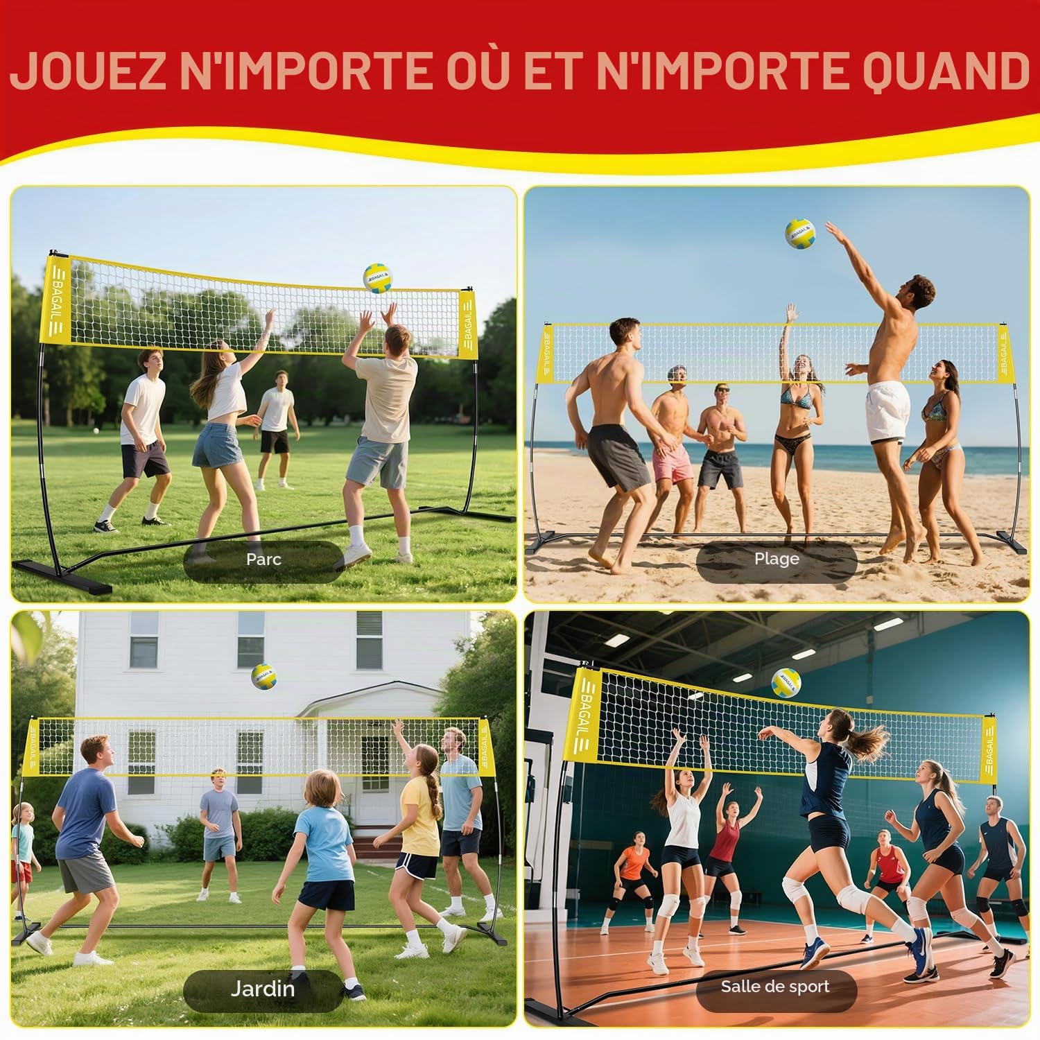 BAGAIL Filet de Volley-Ball, Portable pour Le Jardin | Hauteur Réglable, Cadre Robuste, Conception Autoportante - Set de Volley-ball, avec Sac de Transpor