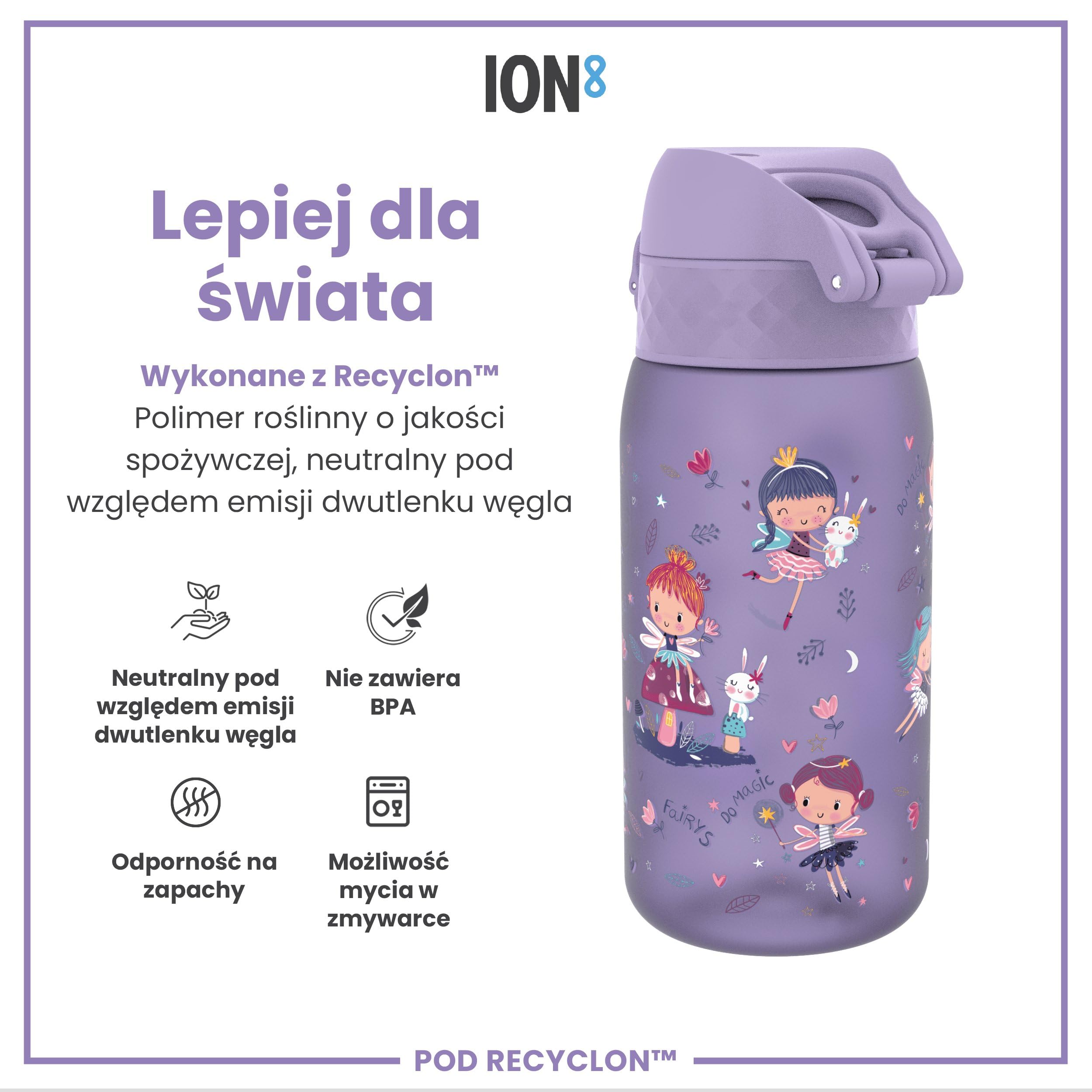 ION8 Butelka dla Dzieci, 350 ml/12 oz, Szczelna, Łatwa do Otwarcia, Bezpieczny Zamek, Można Myć w Zmywarce, Bez BPA, Uchwyt do Przenoszenia, Łatwa do Czyszczenia, Bezwonny, Wróżki