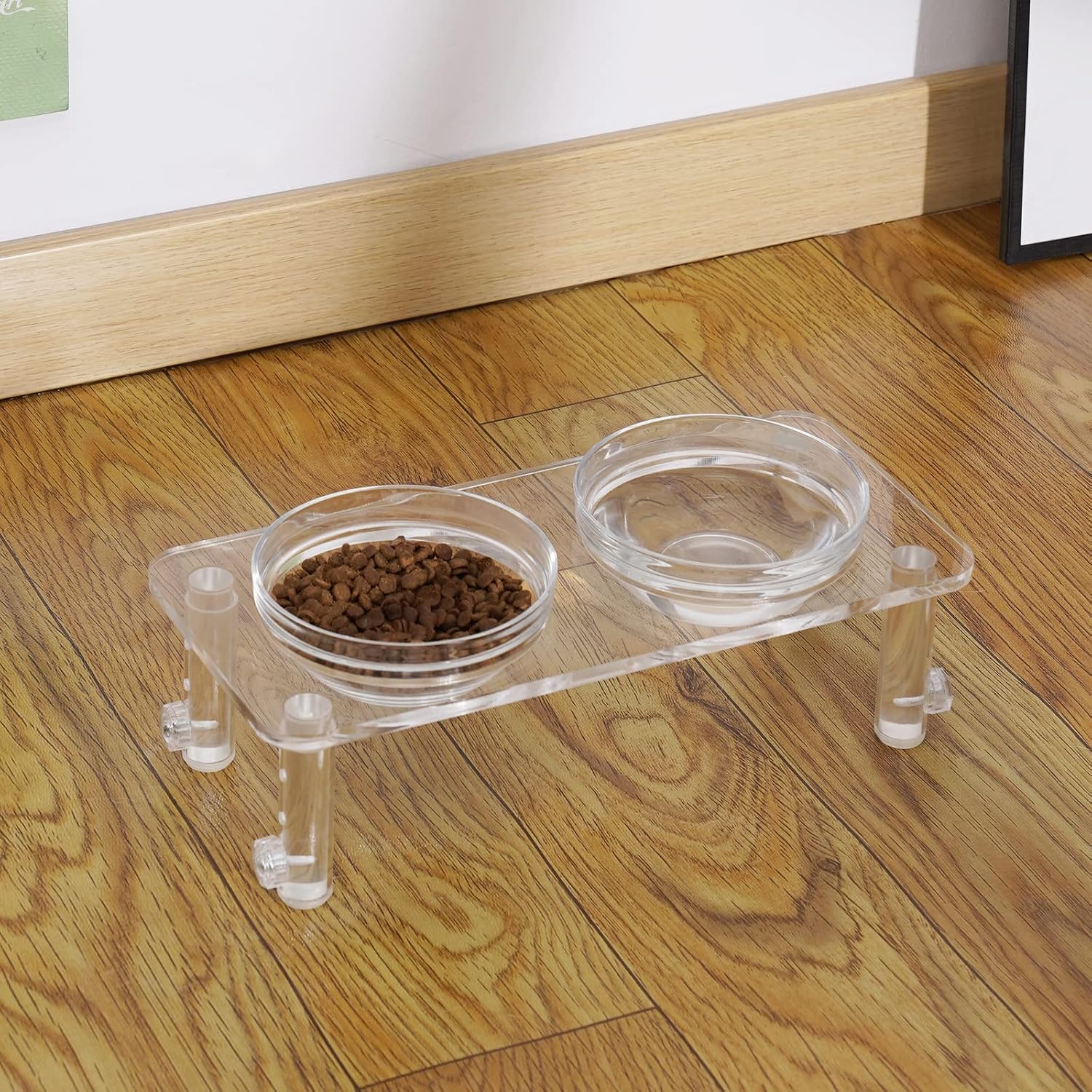 Elevated Cat Dog Bowls Set - Raised Pet Bowl Clear Acrylic Feeder Stand Adjusts to 3.7" , 4.5" , 5.3" with 2 Set Removable Stainless…