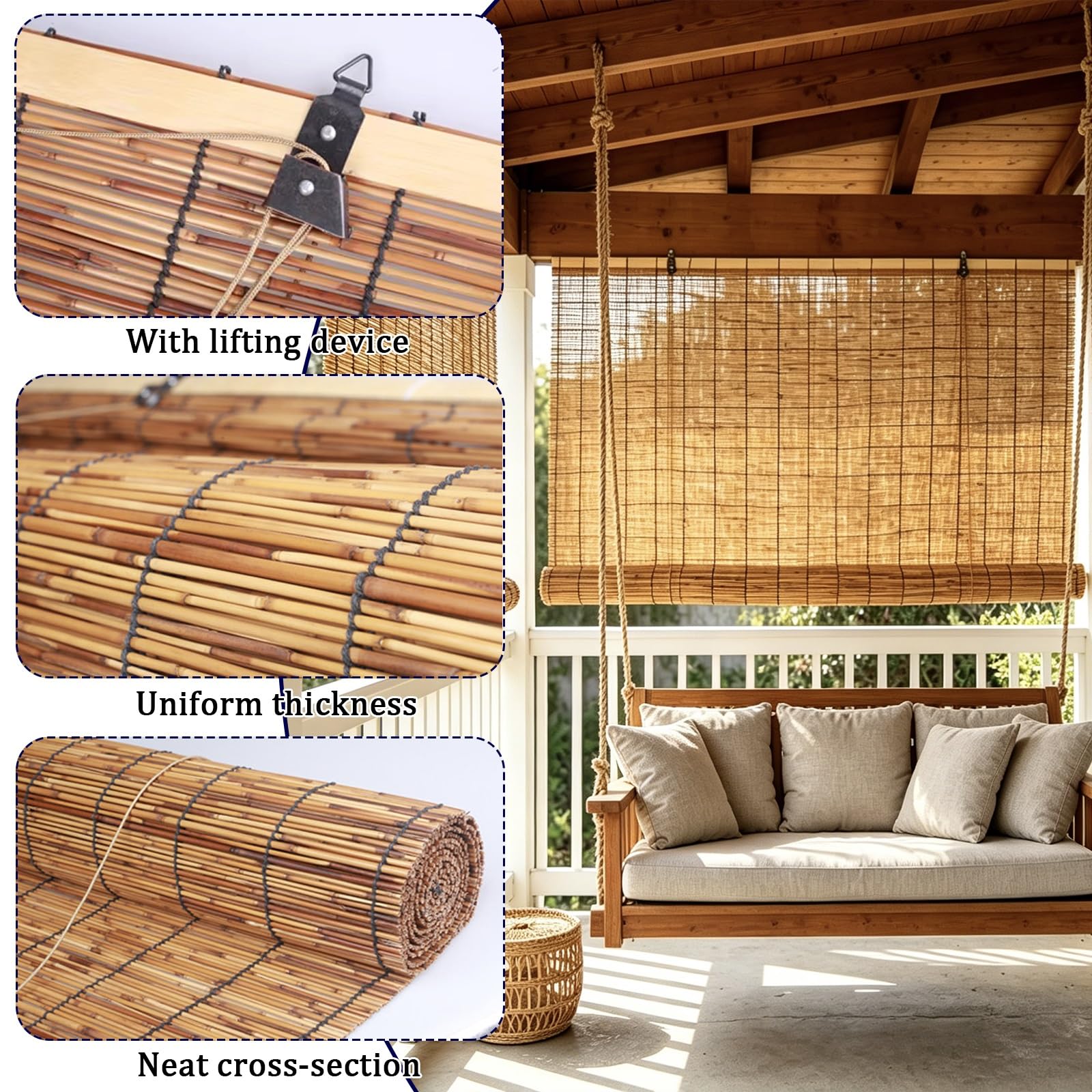 Stores Enrouleurs en Bambou Occultant pour Tonnelle Terrasse, Store Bateau Respirant et Imperméable, avec Levage Occultant Volets Roulants 30, 90, 120, 150cm Largeurs(L90xH140cm)