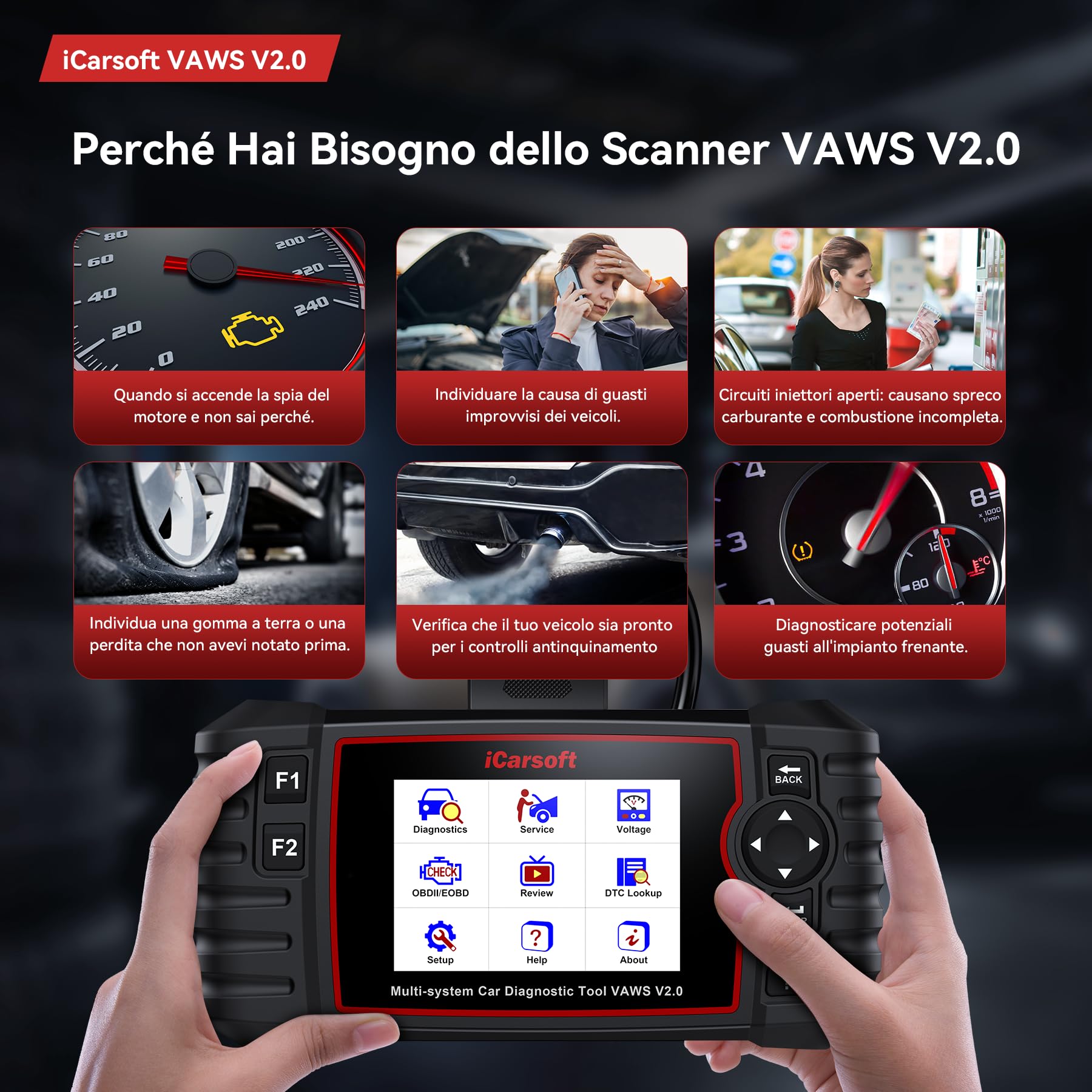 iCarsoft VAWS V2.0 OBD2 Auto Diagnostica per V.W/AU.di/Skoda/Seat, Diagnosi Auto in Italiano Tutti i Sistemi, 9 Funzioni di Ripristino, Olio/EPB/BMS/ETC/SAS/INJ/TPMS/DP-F/ABS, Aggiornamento a Vita