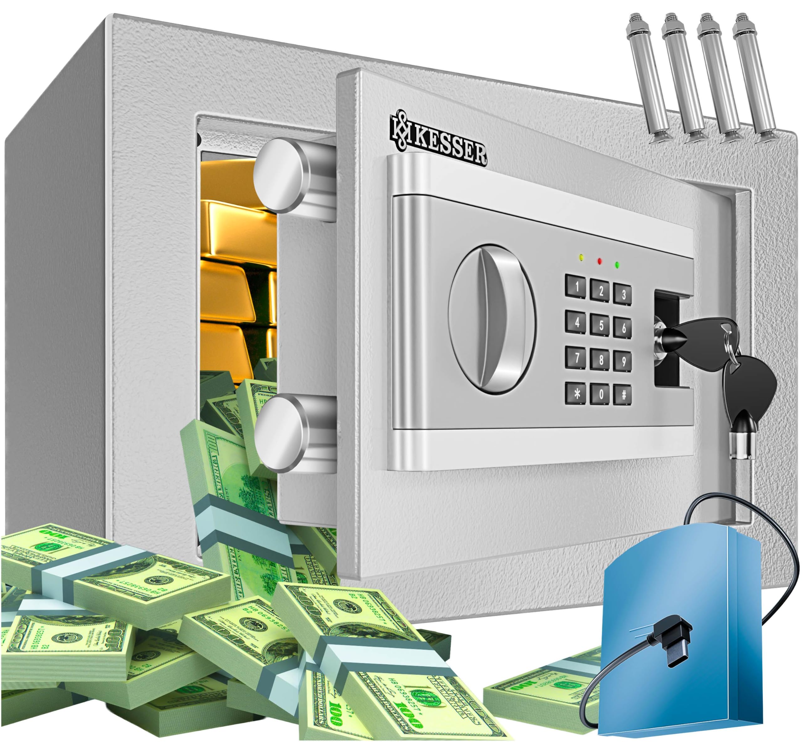 KESSER® Elektronischer Tresor | 31x20x20cm | Inkl. Batteriebox | Elektronischer Safe | 3x Doppelbolzenverriegelung | Boden Wandtresor | Möbeltresor | Innenbeleuchtung | Panzerschrank Zahlenschloss