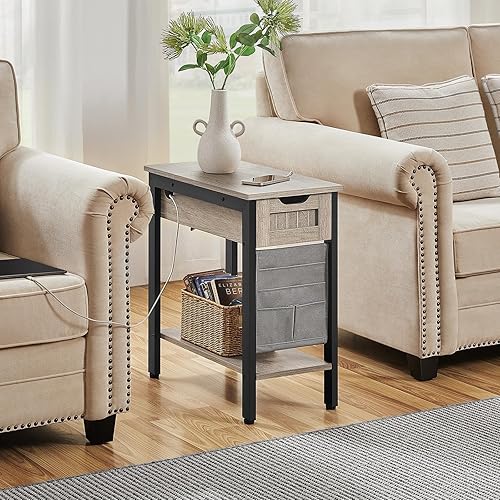 Miniatura 2 de Yaheetech Mesa auxiliar estrecha con estación de carga, mesa auxiliar abatible con cajón y estante y bolsa de tela extraíble, mesita de noche de