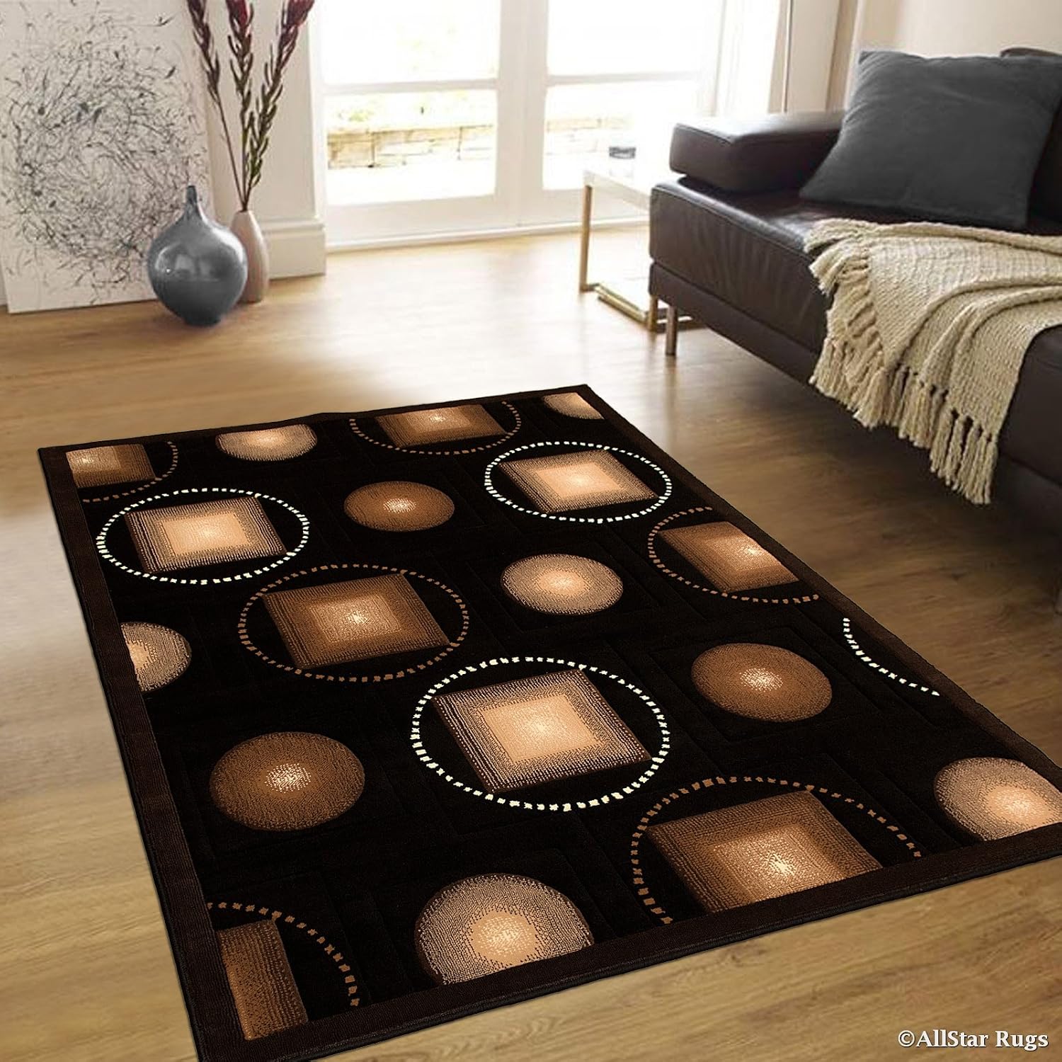 Allstar 8x10 Black Modern and Contemporary Machine Carved Rectangular Accent Rug with Ivory, Espresso and Mocha Geometric Design (7' 9" x 10' 1")
