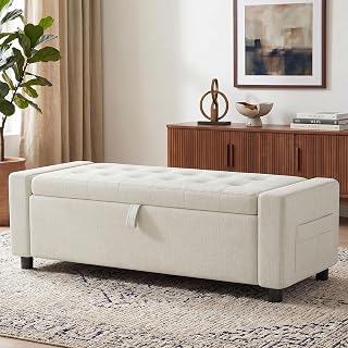Marsail Upholstered Bench Rectangle Ottoman with Storage Bench for Bedroom End of Bed, Tufted Ottoman with Cushion, Modern Benches for Foot of Bed, Living Room, Entryway, White
