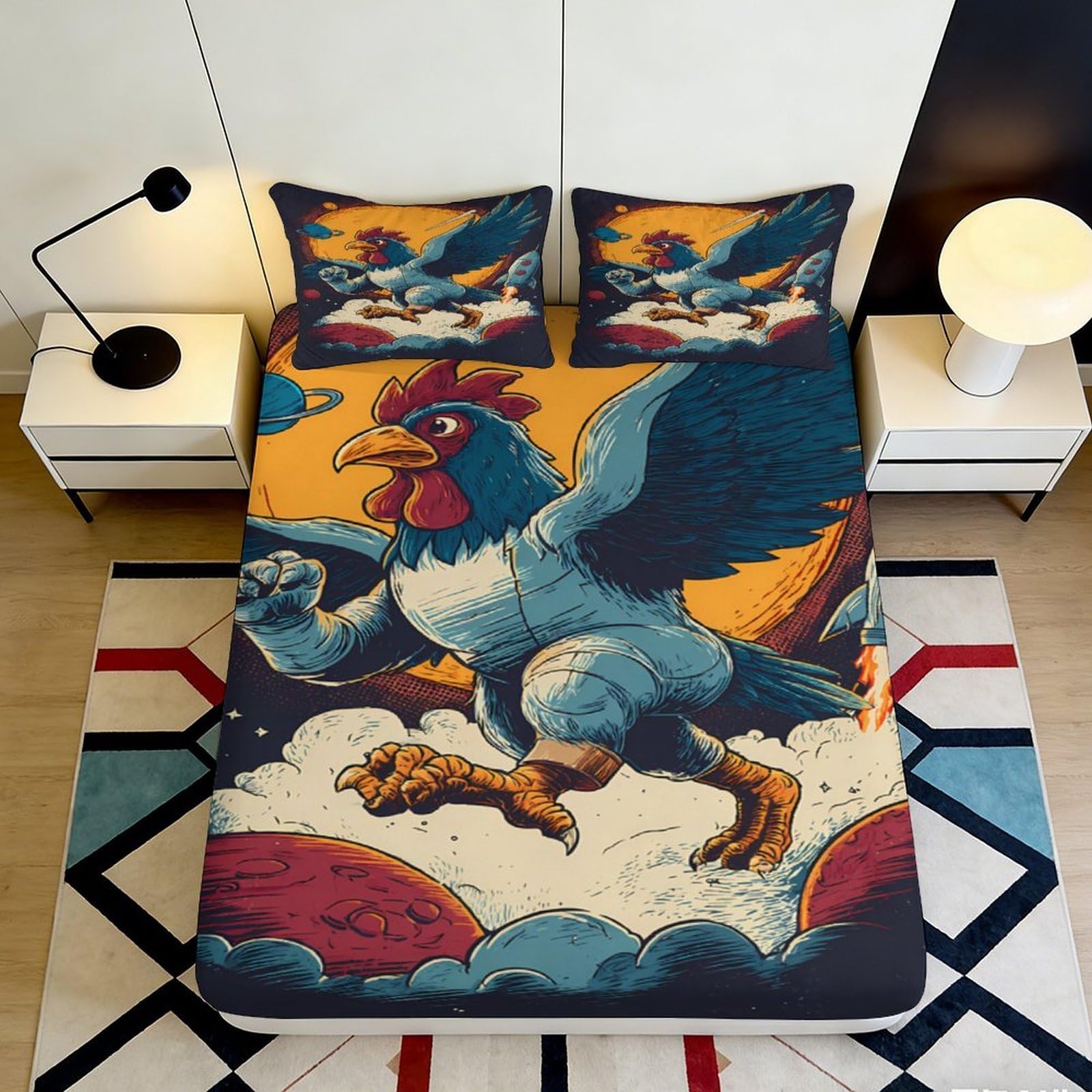 Uxinyoume Style-1 3D Printed Giant Rooster Fitted Sheet Microfiber Soft Breathable Flying Chicken Bed Cover For Bedroom Dorm Decor 90X200x25cm