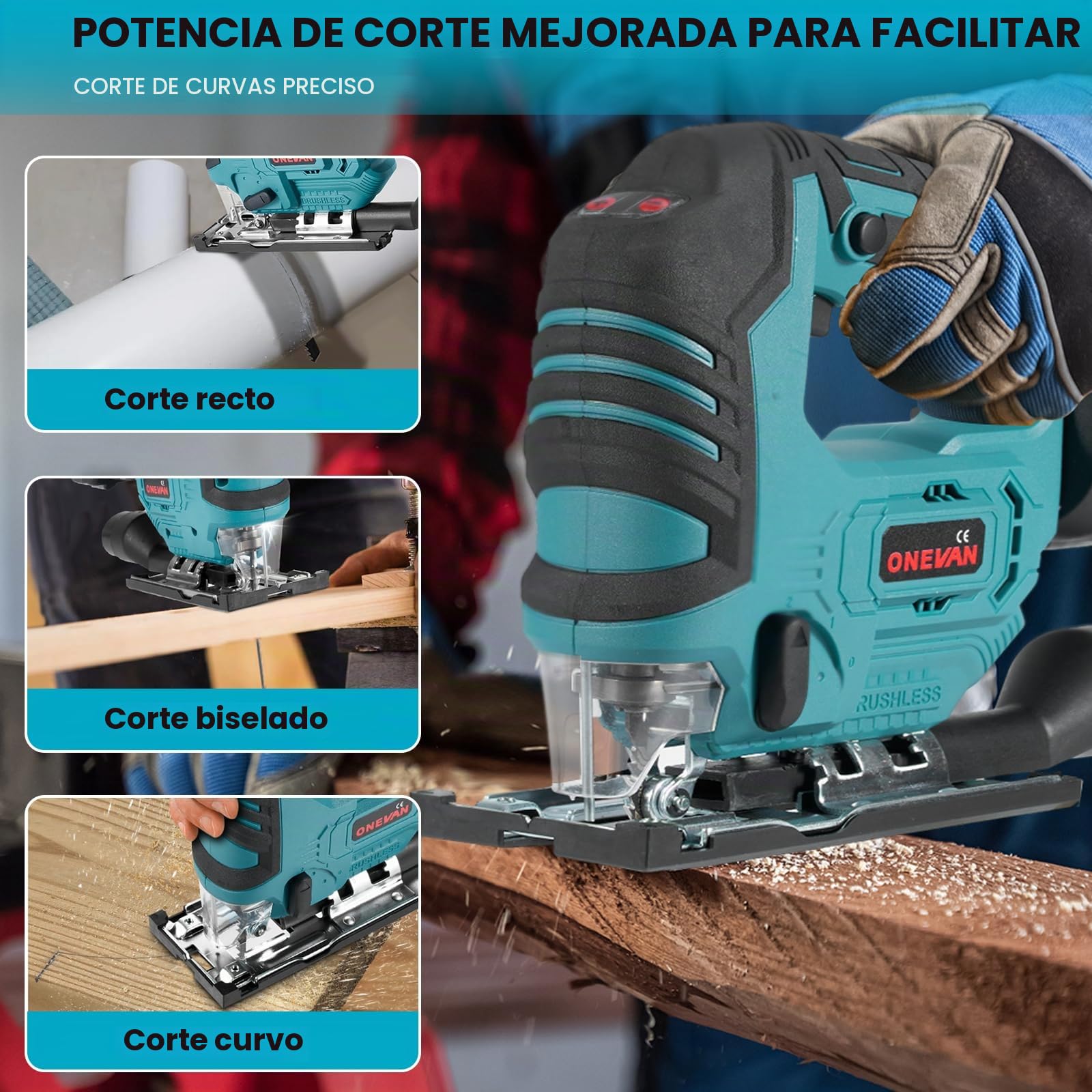ONEVAN Sierra de calar con batería, sierras eléctricas sin escobillas con 2 baterías de 3000mAh, -45° hasta 45° de corte en bisel con 3 ajustes orbitales, 20 mm de longitud de carrera, sierra