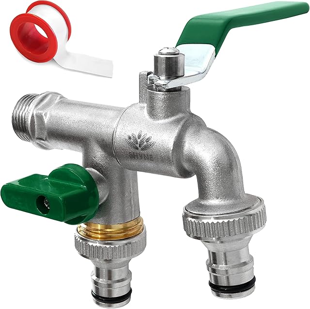 SHYNE Premium 3/4'' Inch Brass Double Water Tap - Rust and Frost Resistant + 2X Hose Connectors + E-Book | for Garden, Washing Machine, Rain Barrel