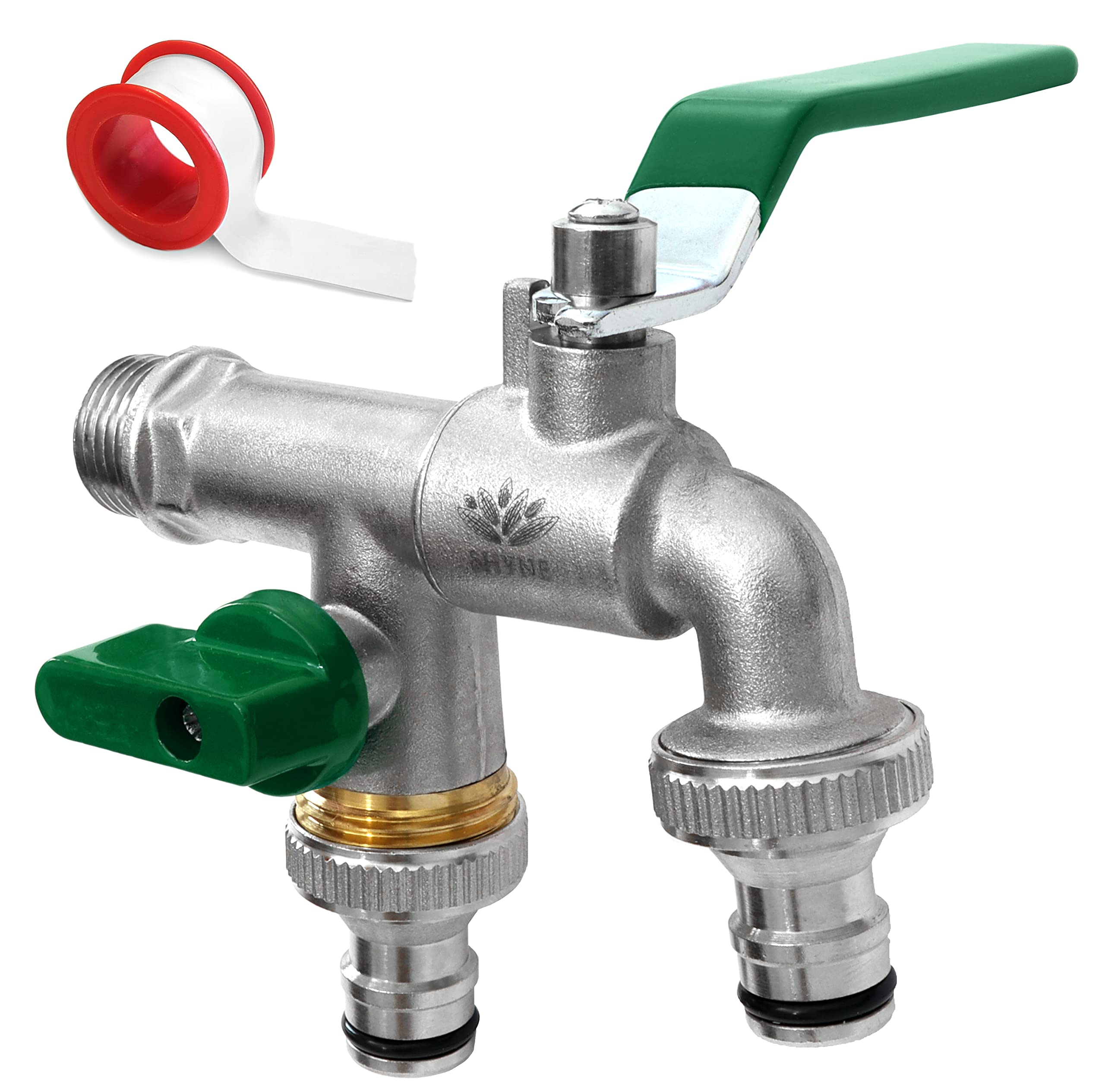 Rubinetto Da Giardino Doppia Uscita 3/4 BSP – Lega Di Zinco Antigelo – Con Nastro E Rondelle – Verde