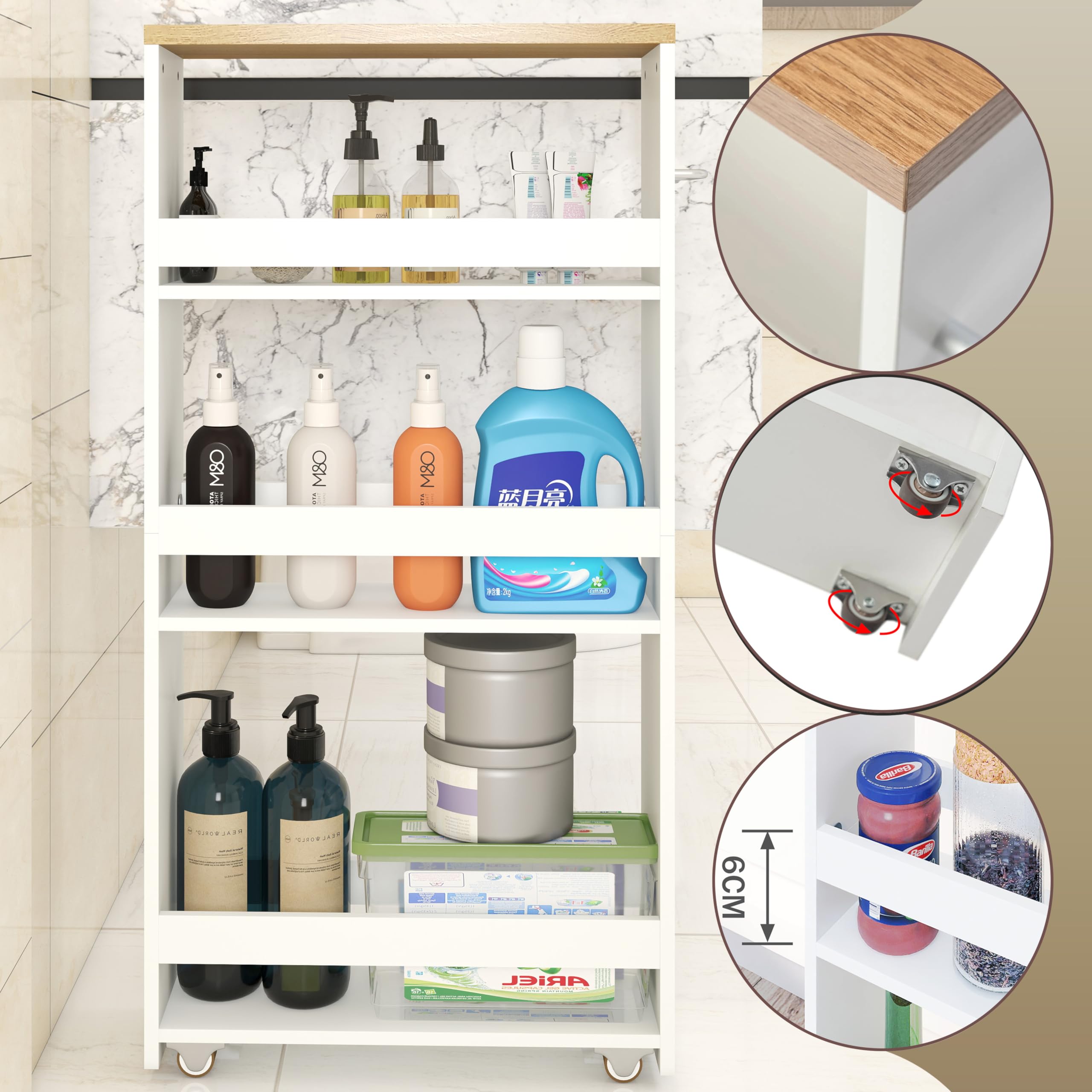 Carrello Salvaspazio Bagno Con Ruote Portatutto, Mobile Bagno Salvaspazio con spazio di stoccaggio a tre piani, Porta Detersivi bianco (40x14x80 cm)