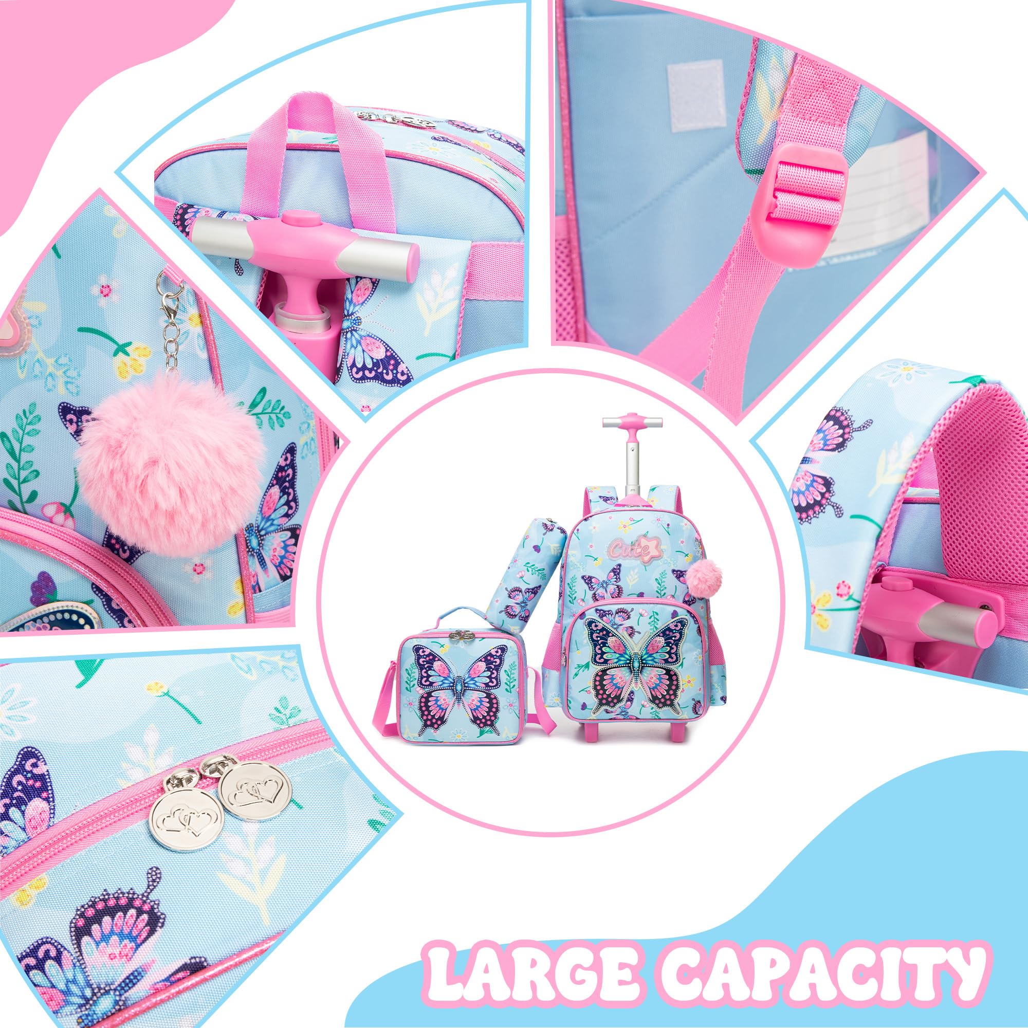 Meetbelify Sac à dos à roulettes pour enfants avec roulettes pour filles et garçons, sacs à dos à roulettes avec boîte à déjeuner pour élèves du primaire, 01 Papillon rose