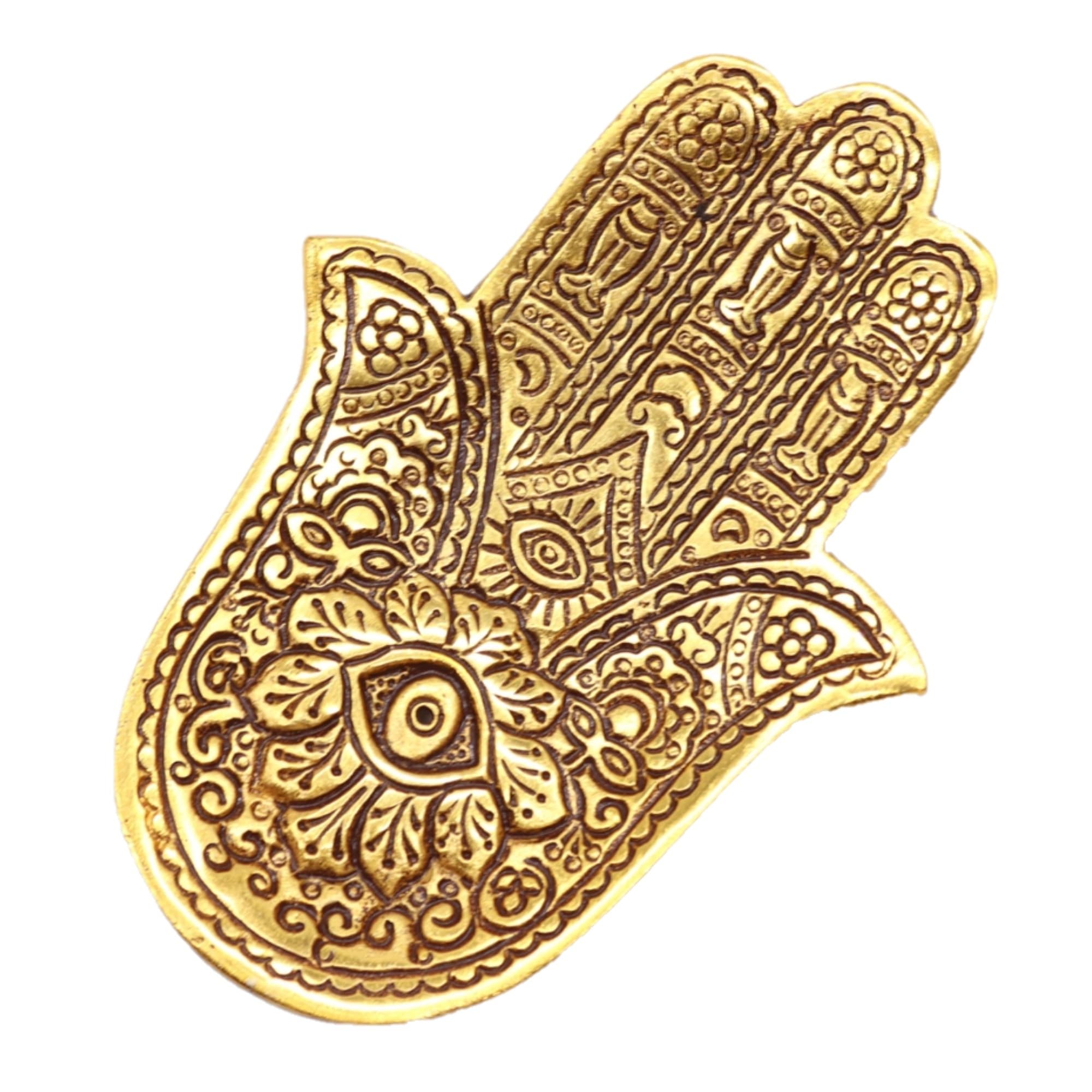 Gold Hamsa Hand Incense Holder | Decorative Spiritual Aluminium Ash Catcher Dish for Sticks | Meditation & Yoga Home Decor Gift - Small 13cm