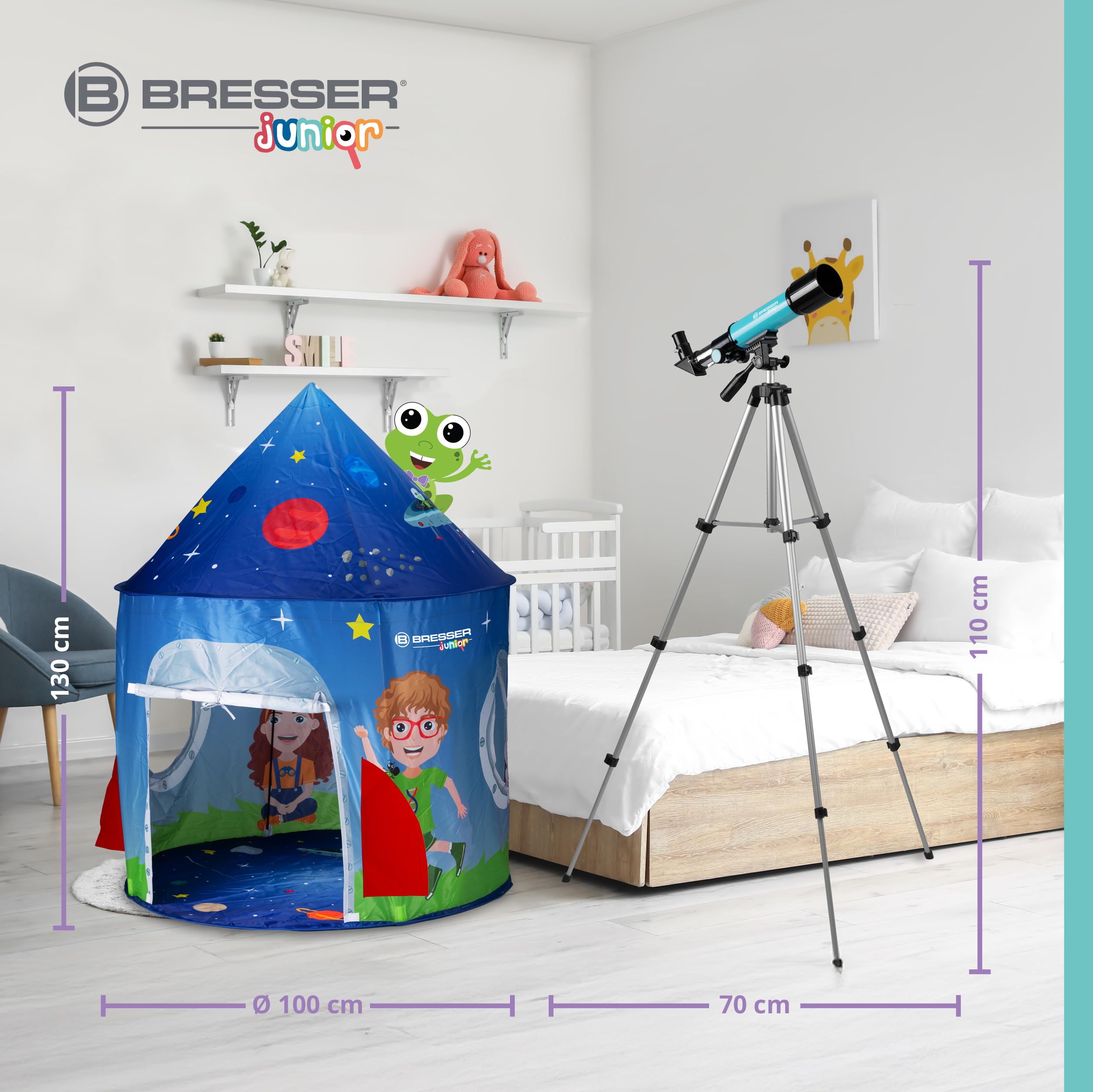 Bresser Junior Linsenteleskop 50/360 für Kinder - Astronomie Einsteigerset mit Zelt, Refraktor Teleskop, Stativ, Azimutale Montierung, Okulare und Zenitspiegel ,blau