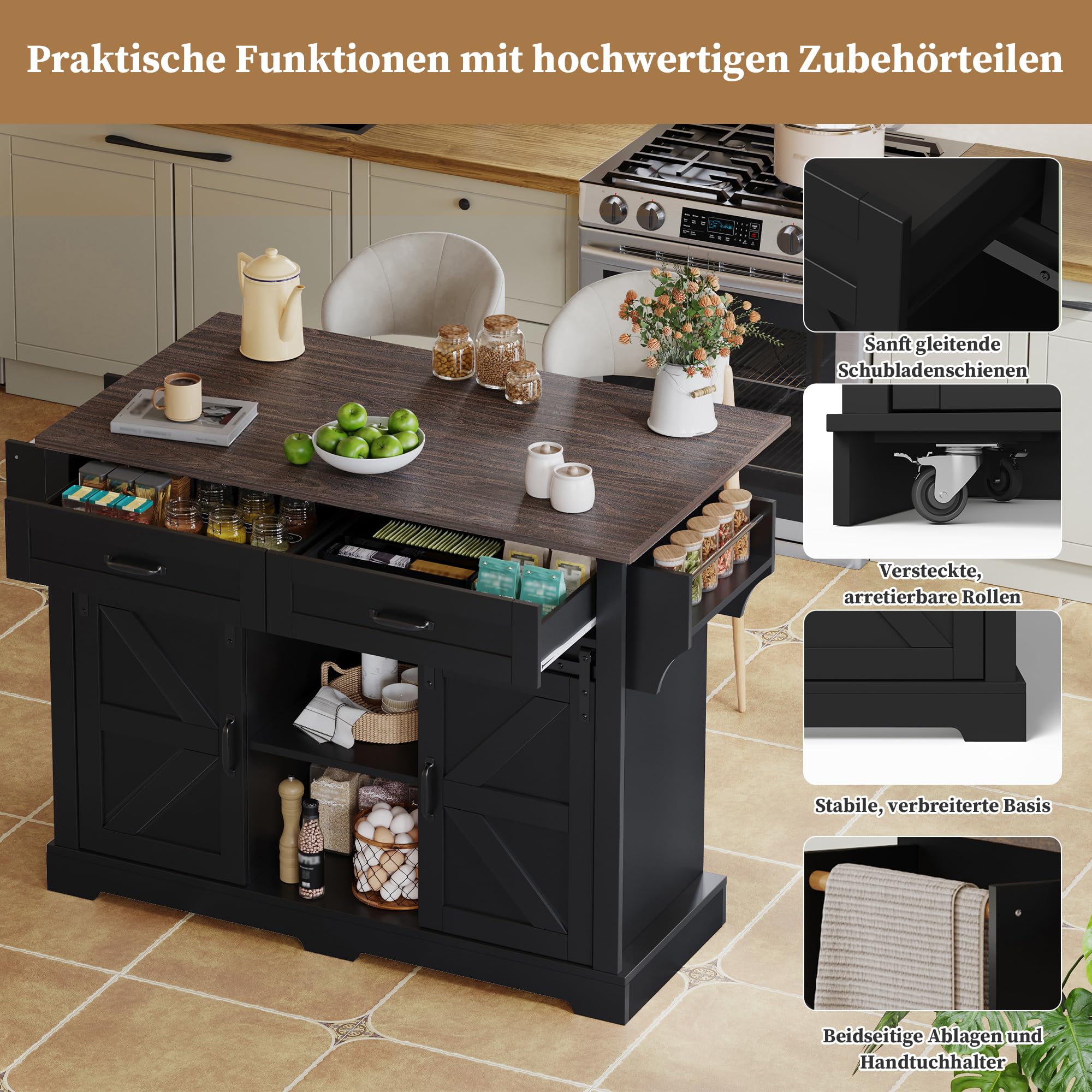Merax Kücheninsel Freistehend mit Klappbarer Arbeitsplatte, Bewegliche Küchenwagenl mit Schiebetüren, 5 Rollen, Schrank, 2 Schubladen, Gewürzregal und Handtuchhalter, 120x70x91cm (Schwarz)