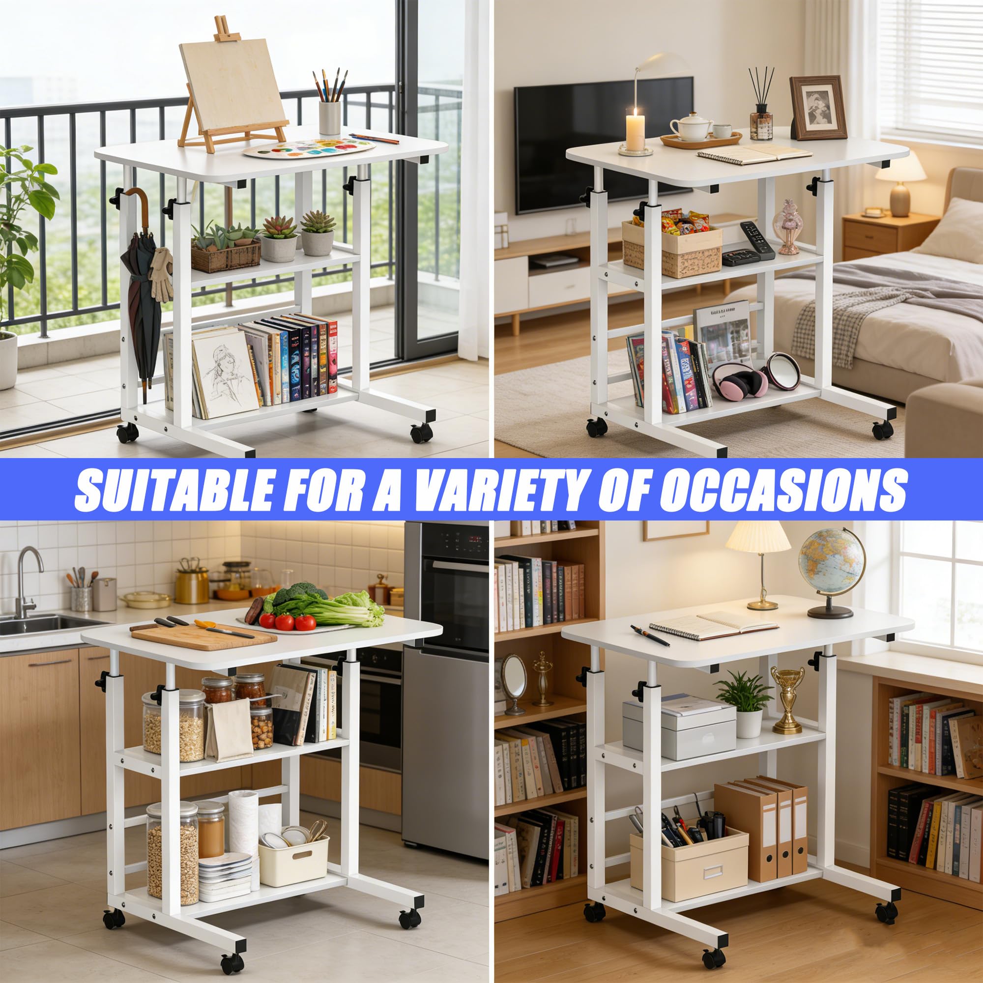 Verdego Escritorio de altura ajustable, mesa auxiliar con ruedas, 2 estantes, mesa de PC 40 x 60 x 56 – 82 cm, ahorra espacio, pequeña mesa portátil para ordenador para oficina en casa, sofá, cama