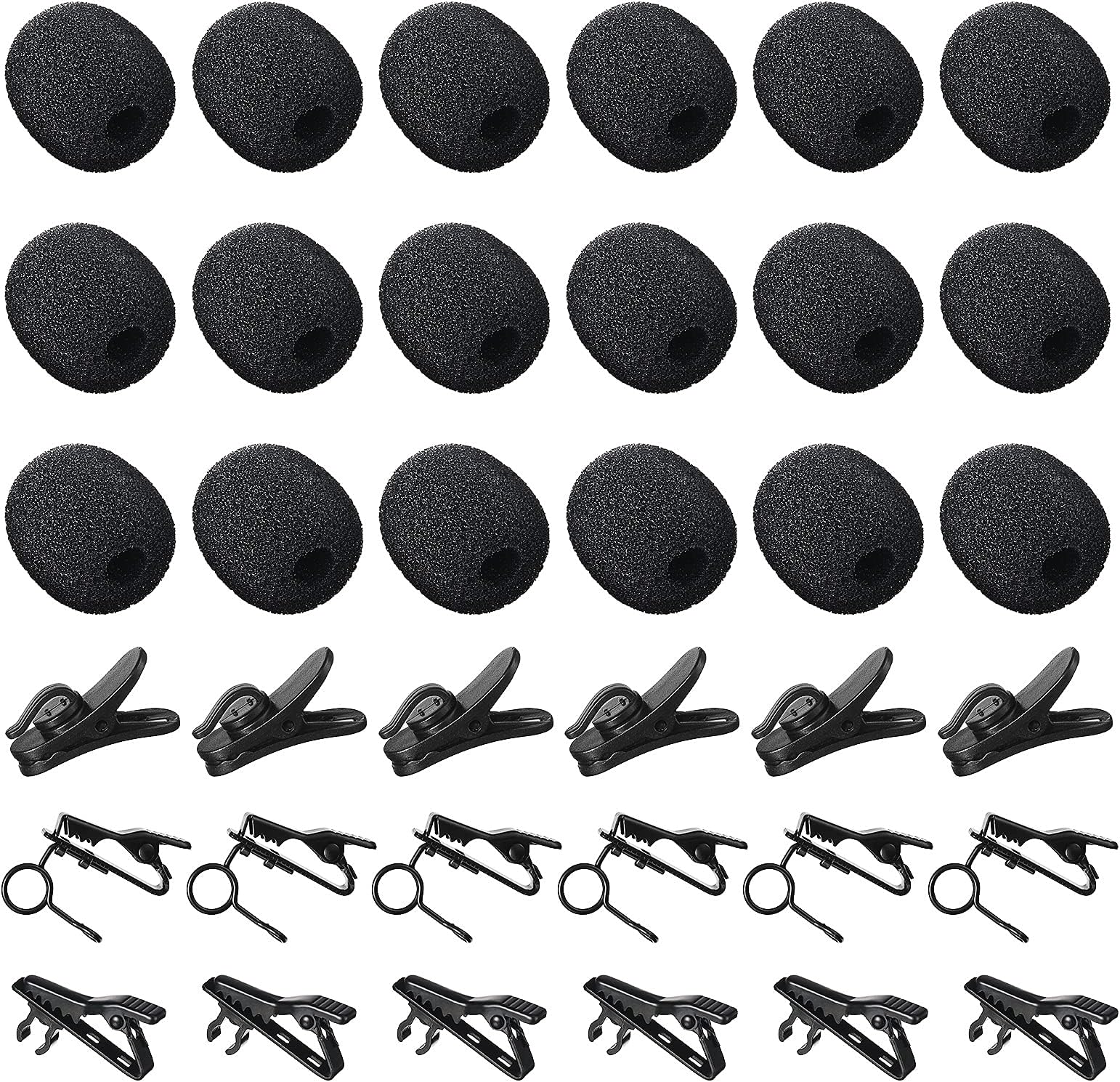 TOODOO 36 Pcs Lapel Microphone Clips Replacement Kit 18 Pieces Lapel Mic Windscreen Foam Covers and 18 Pieces Metal Lav Mic Tie Clips ＆ Plastic Wire Clip for Interview Video