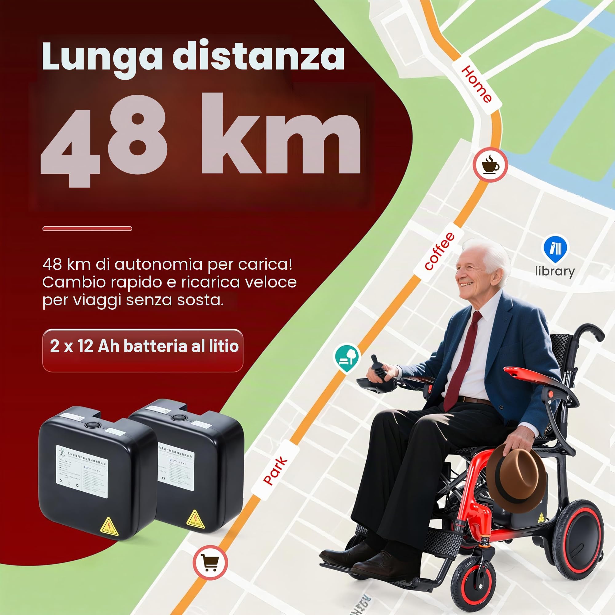 Sedia a rotelle elettrica ultraleggera pieghevole (13 kg), 100% fibra di carbonio, 2 batterie da 12AH, autonomia 48 km, sedia a rotelle elettrica per adulti, con cuscino imbottito, zaino