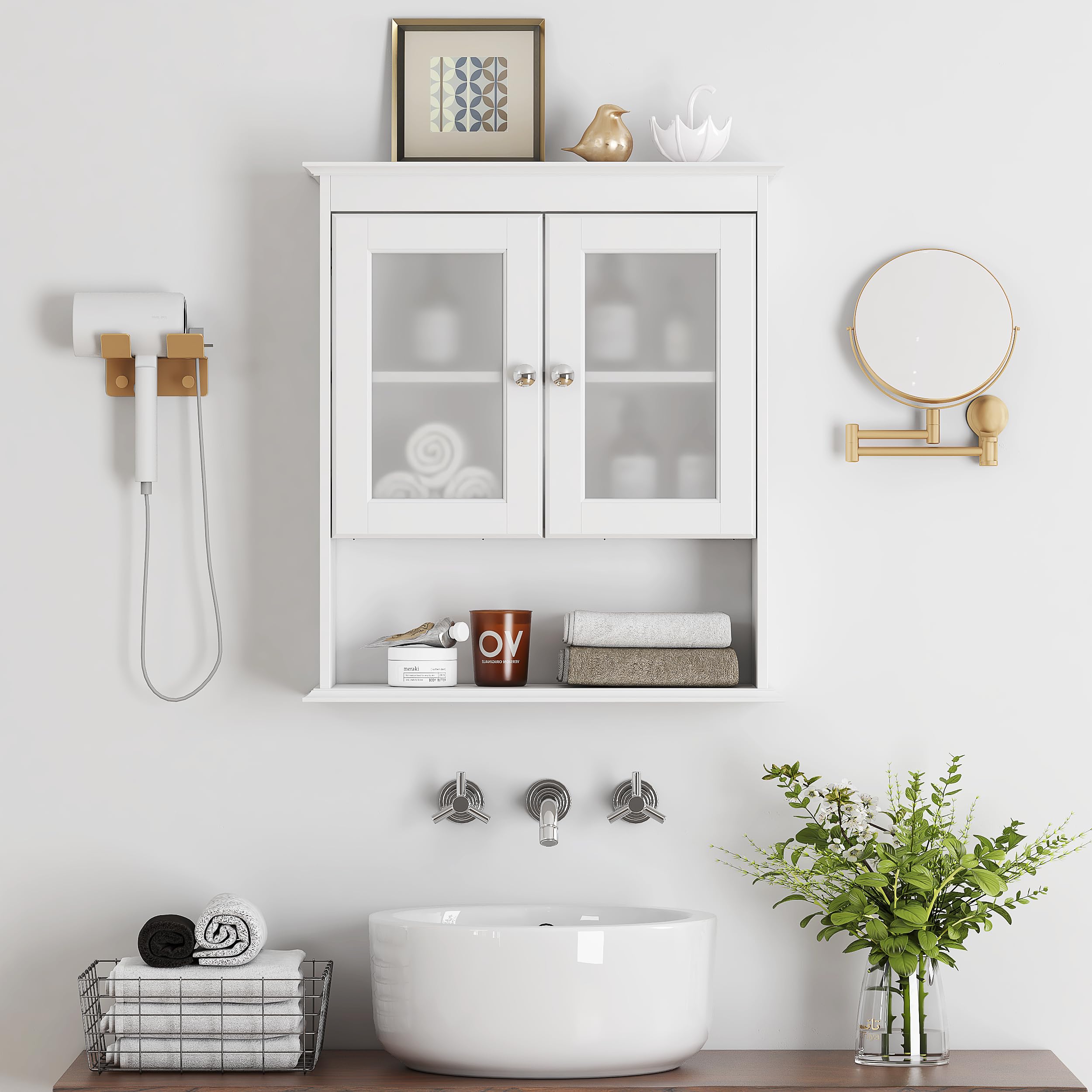 Spirich Bathroom Cabinet Wall Mounted, Medicine Cabinet Organizer with Glass Doors and Adjustable Shelves, Bathroom Wall Cabinet Over Toilet, White