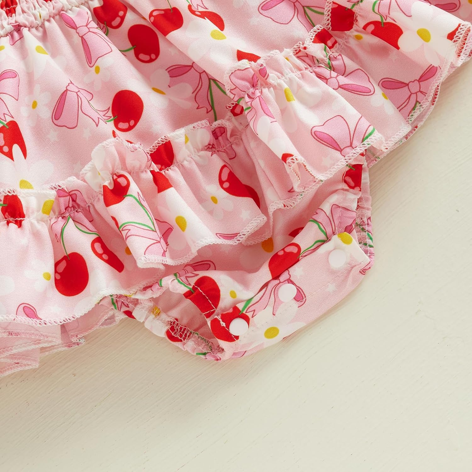 Newborn Infant Baby Girl Smocked Bubble Summer Short Sleeve Romper Dress Pink Bow Onesie + Headband - Image 7