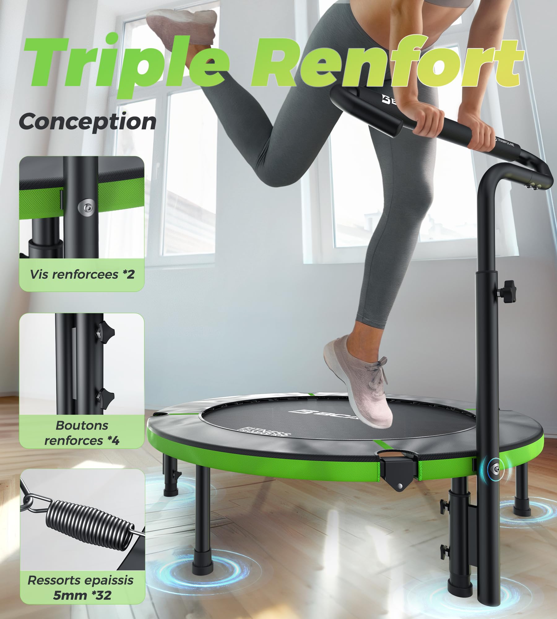 Trampoline d'intérieur BCAN, Mini-Trampoline de Fitness Pliable de 102 cm, pour Adultes, avec poignée réglable, Charge maximale de 150 kg, idéal pour l'entraînement à Domicile et Les.