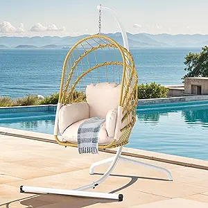 DWVO Wicker Swing Egg Chair 300lbs Capacity - Foldable Hanging Hammock with Cushions & Stand, Indoor/Outdoor Patio Swing Chair for Bedroom, Garden, Balcony (Beige)