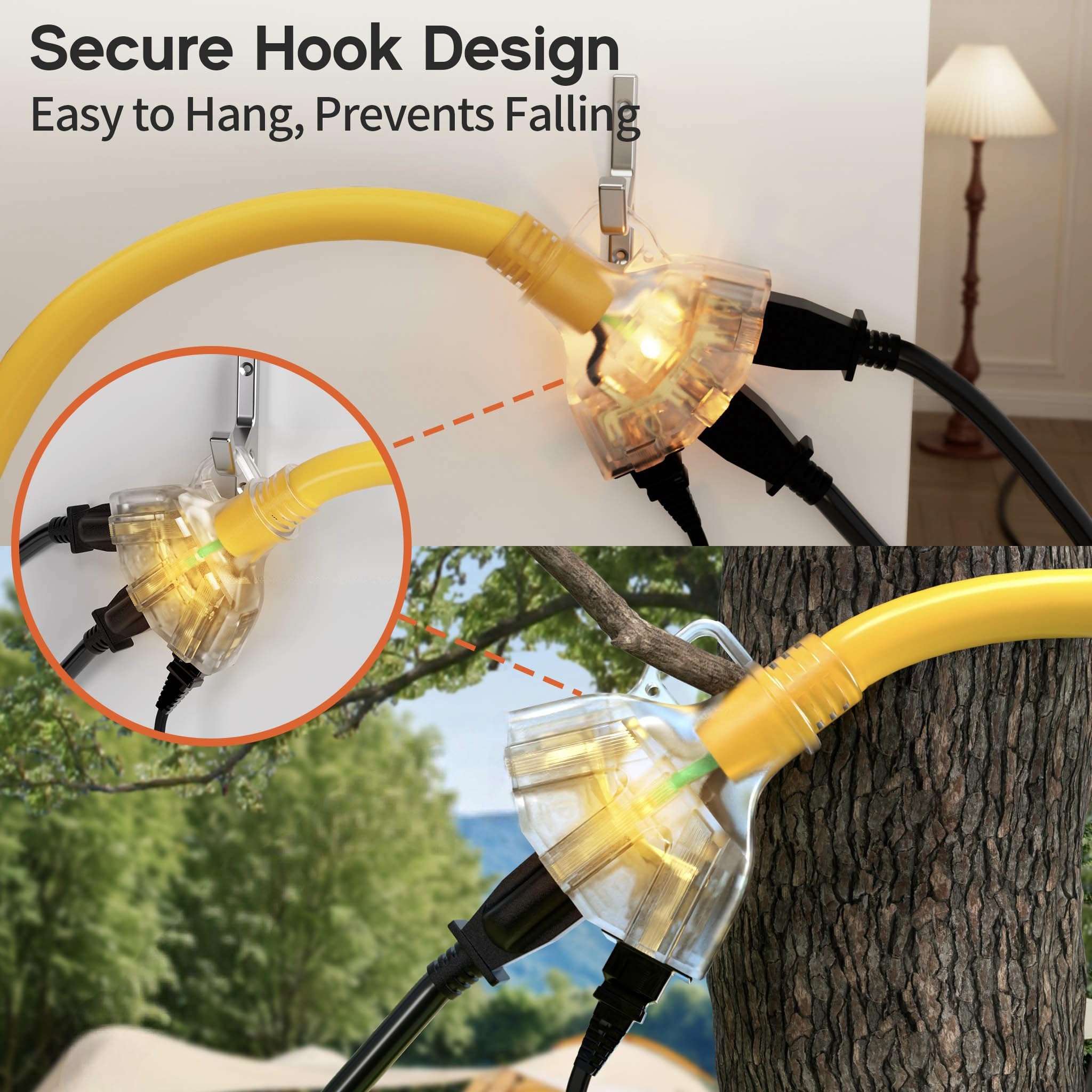 Cavo di prolunga da esterno 15,2 m 10/3 con prese multiple, resistente alle intemperie, 3 uscite SJTW Splitter con indicatore luminoso, 15 A 1875 W per giardino, gole e