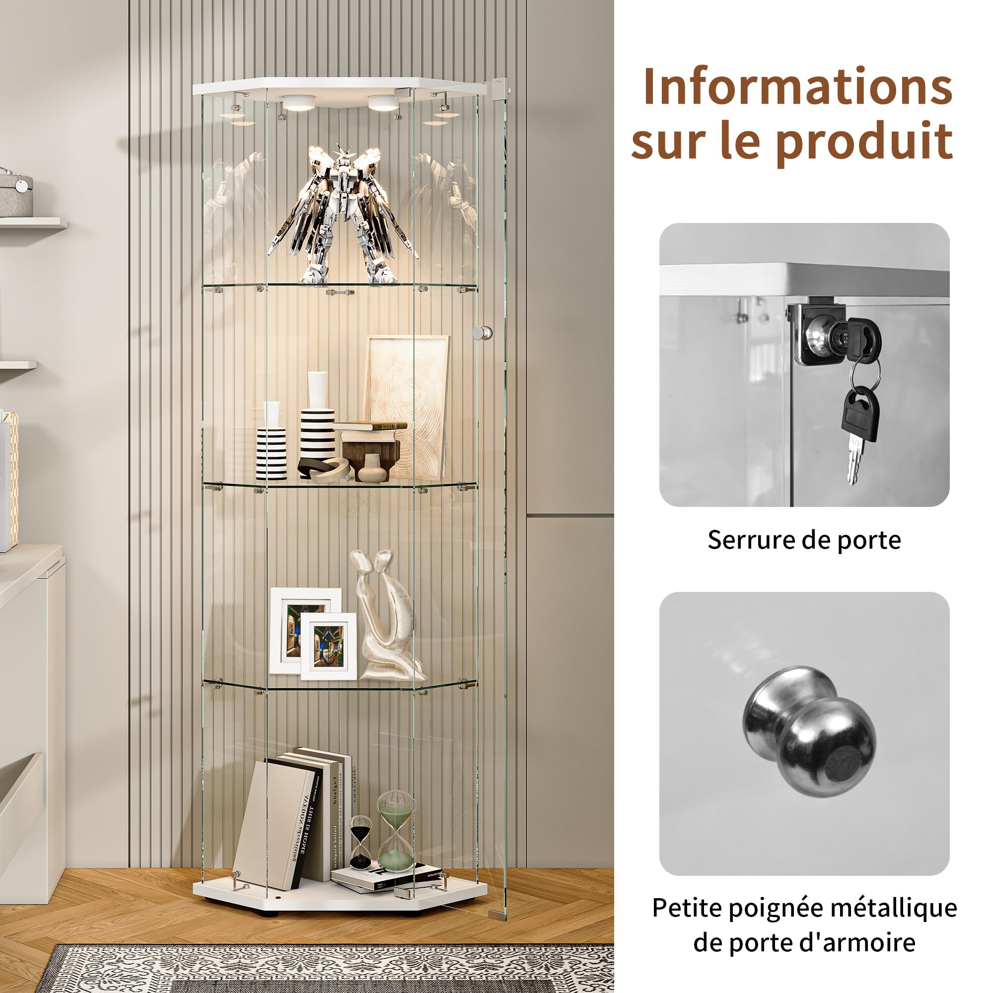 Vitrina de Cristal led, 162x60x40 cm vitrina Expositora de Vidrio con Cerradura LED y Puerta 4 Estantes VitrinaExpositora de Esquina Vitrina Transparente Grande vitrina de Colección para Salón Bar