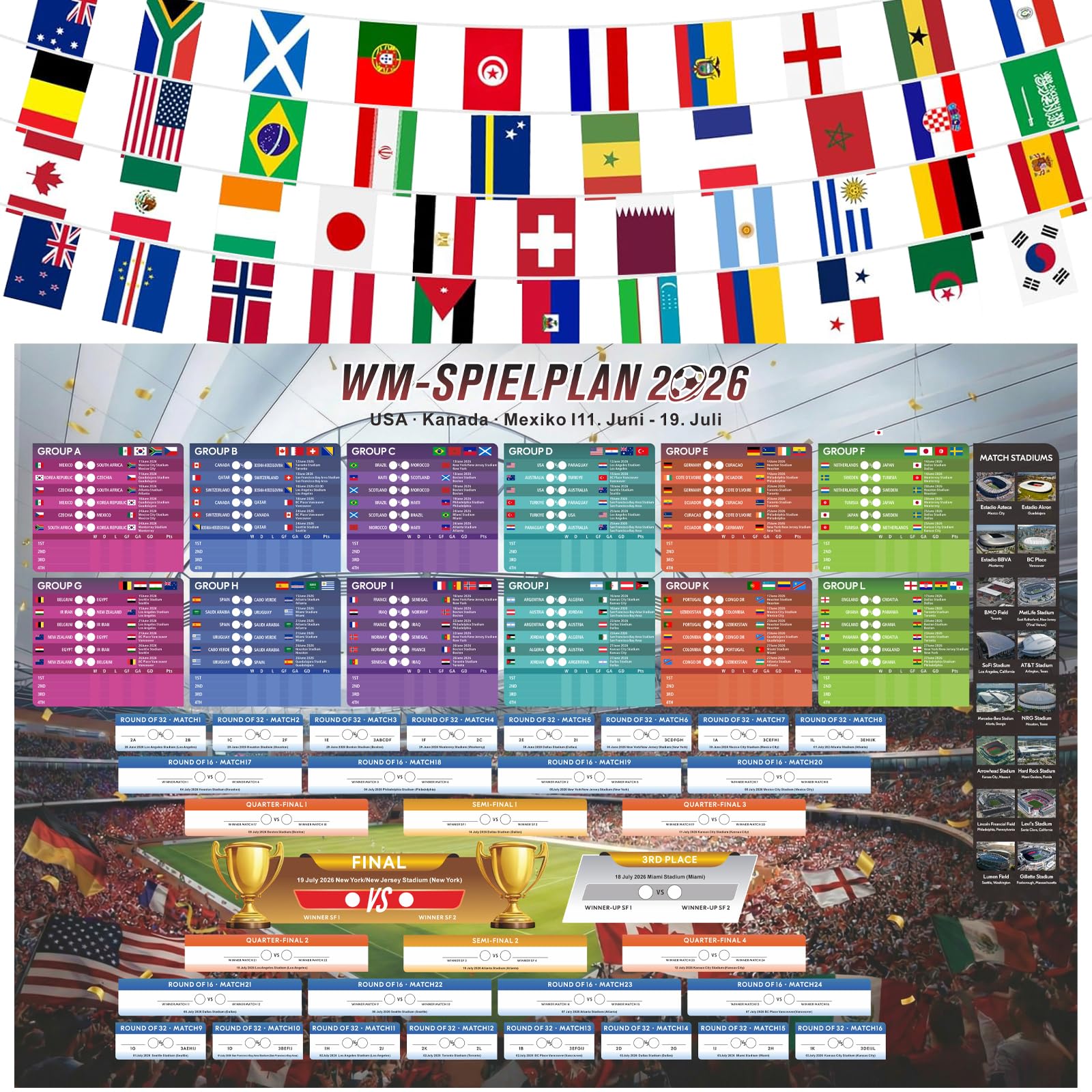 Calendario dei mondiali 2026, articolo per tifosi, set da 49 pezzi con bandierine lunghe 15 m con 48 bandiere nazionali e poster da parete da 70 x 100 cm, decorazione per eventi di calcio