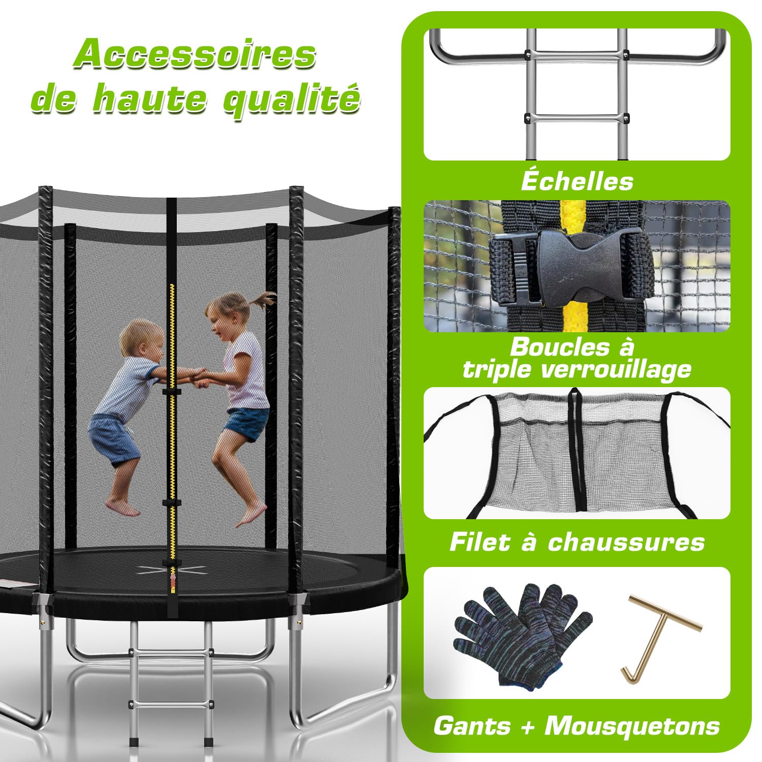TRIUMPHKEY Trampoline Extérieur Enfants Ø 183/228/305/366/427 cm, Trampoline pour Jardin, Set accesoire Complet : Filet de sécurité, Echelle, Bâche de Rebord, Capacité Max 150 kg