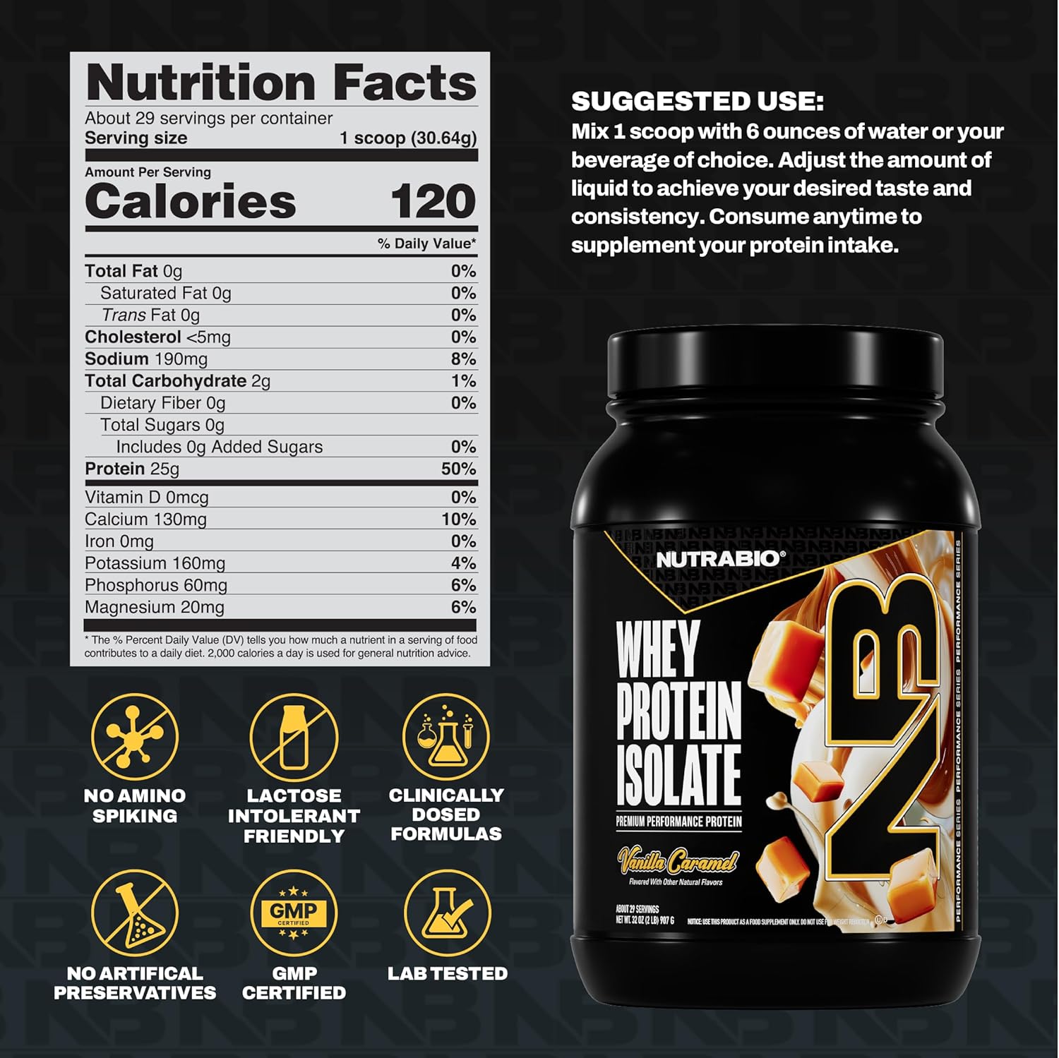 NutraBio 100% Whey Protein Isolate Protein Powder, 25g Protein with Complete Amino Acid Profile, Non-GMO, Soy & Gluten Free, Low Carb, Low Calorie Whey Protein Powder, Vanilla Caramel, 2 Lbs