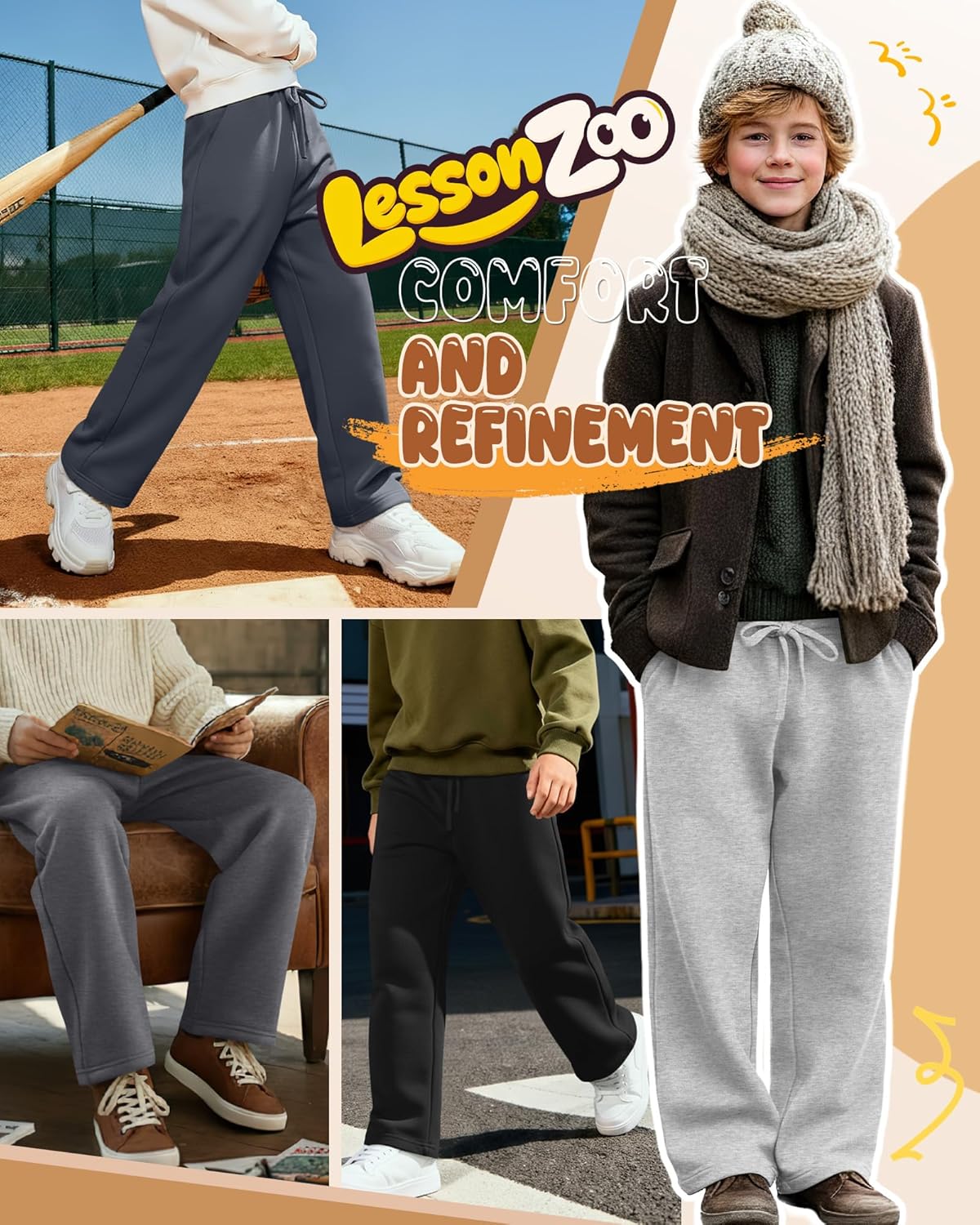 4 Pack Boys Baggy Sweatpants Straight Leg Open Bottom Casual Pants Basic Elastic Waist Athletic Kids Joggers - Image 2