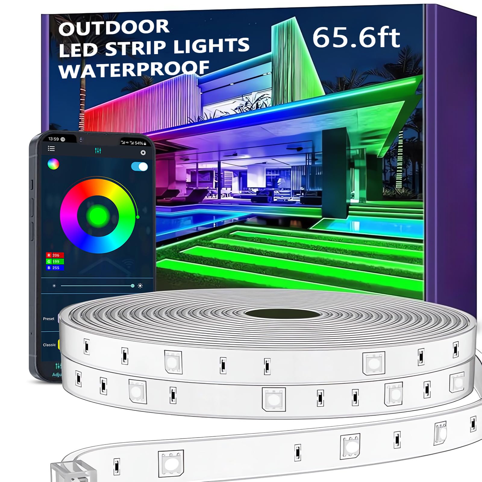 Striscia LED per esterni, 20 m, Smart IP67, musica sync, controllo app, montaggio a parete, RGB, impermeabile, per balcone, giardino, camera da letto, Natale, Halloween (No Remote Control)