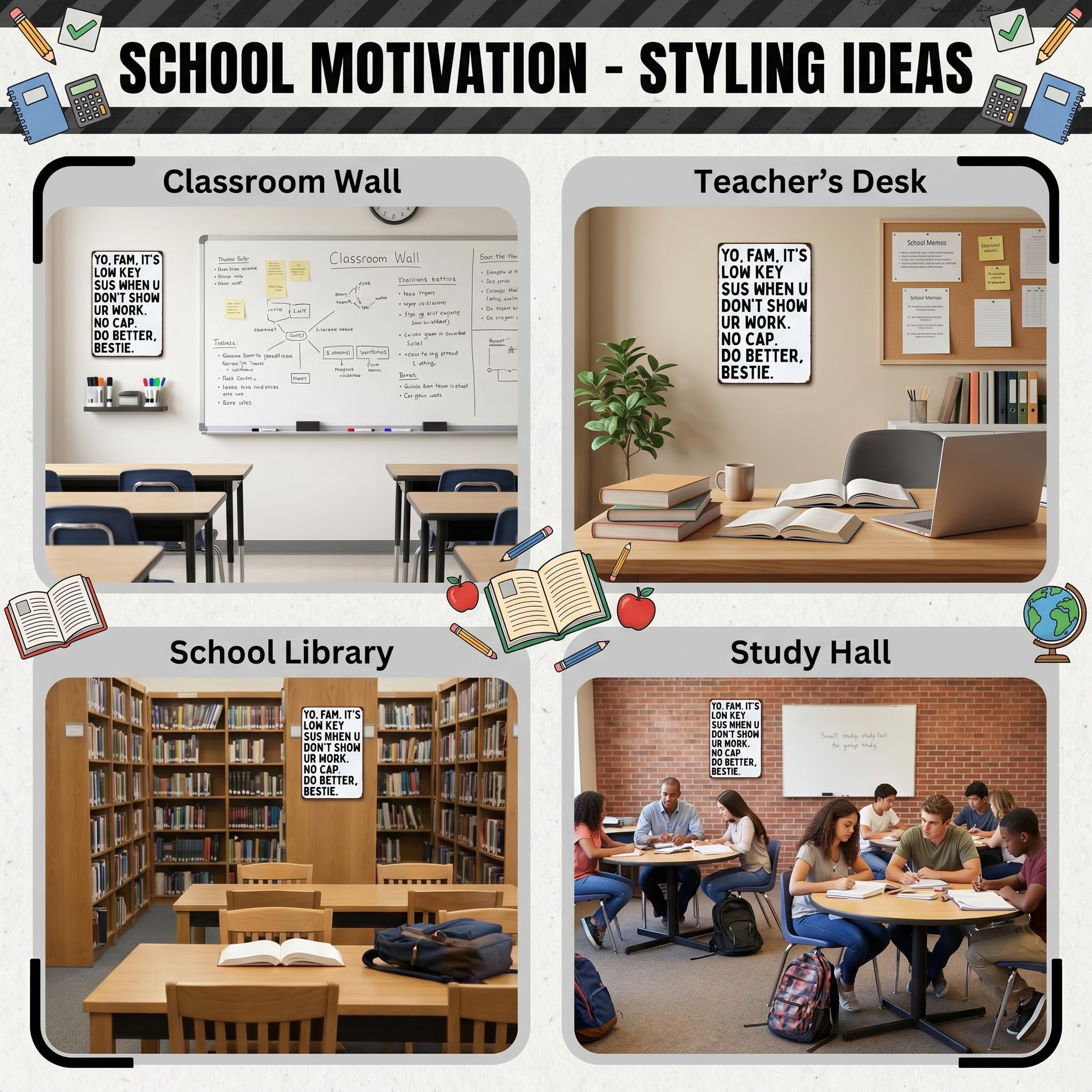 Smilelife Students Teachers Gift Funny Math/English/Science/History Class It's Low Key Sus When U Don't Show Ur Work Tin Sign for Home Classroom Study Room Wall Decor 8x12 Inch (3233)