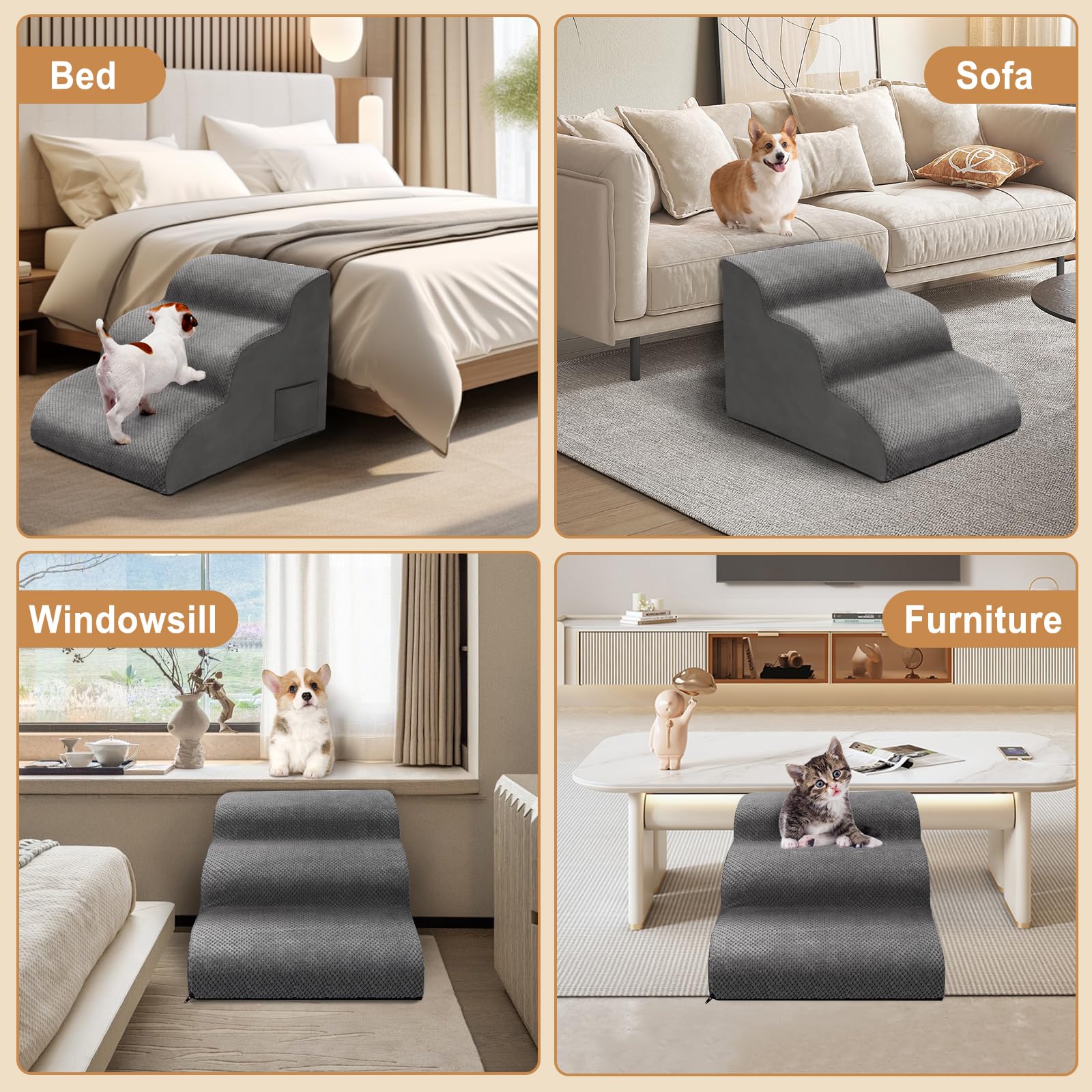 Escaliers pour Chiens à 3 Marches, Escalier pour Animaux en Éponge, Rampe pour Chien Antidérapant avec Housse en Tissu Amovible et Lavable, pour Canapé et Lit, Envoyer Rouleau Poils Animaux