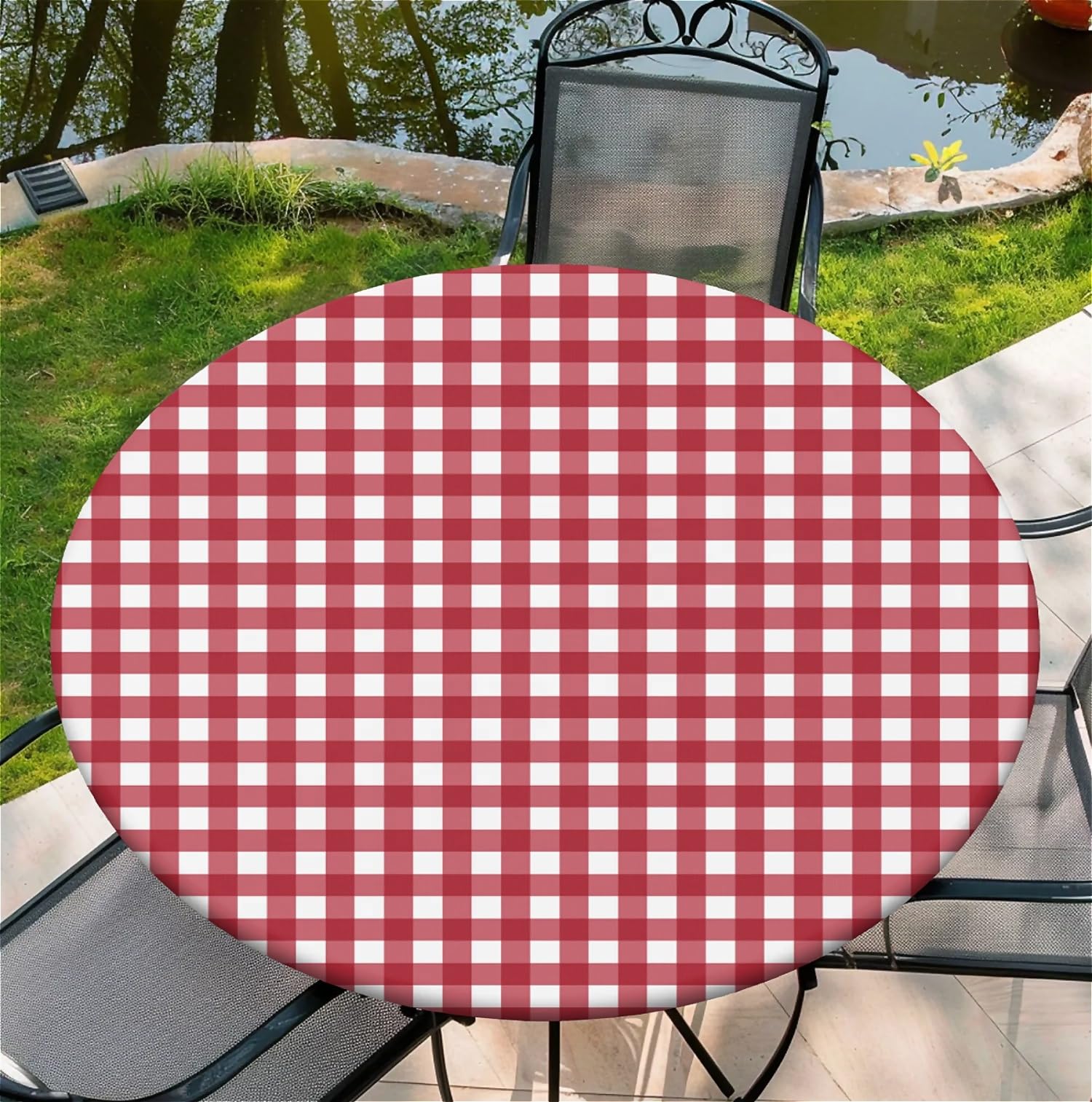 artslion Round Table Cloth with Elastic Edge 44 In– Waterproof Wipe Clean Fitted Table Cover for Indoor & Outdoor Use – Red Checkered Patterns