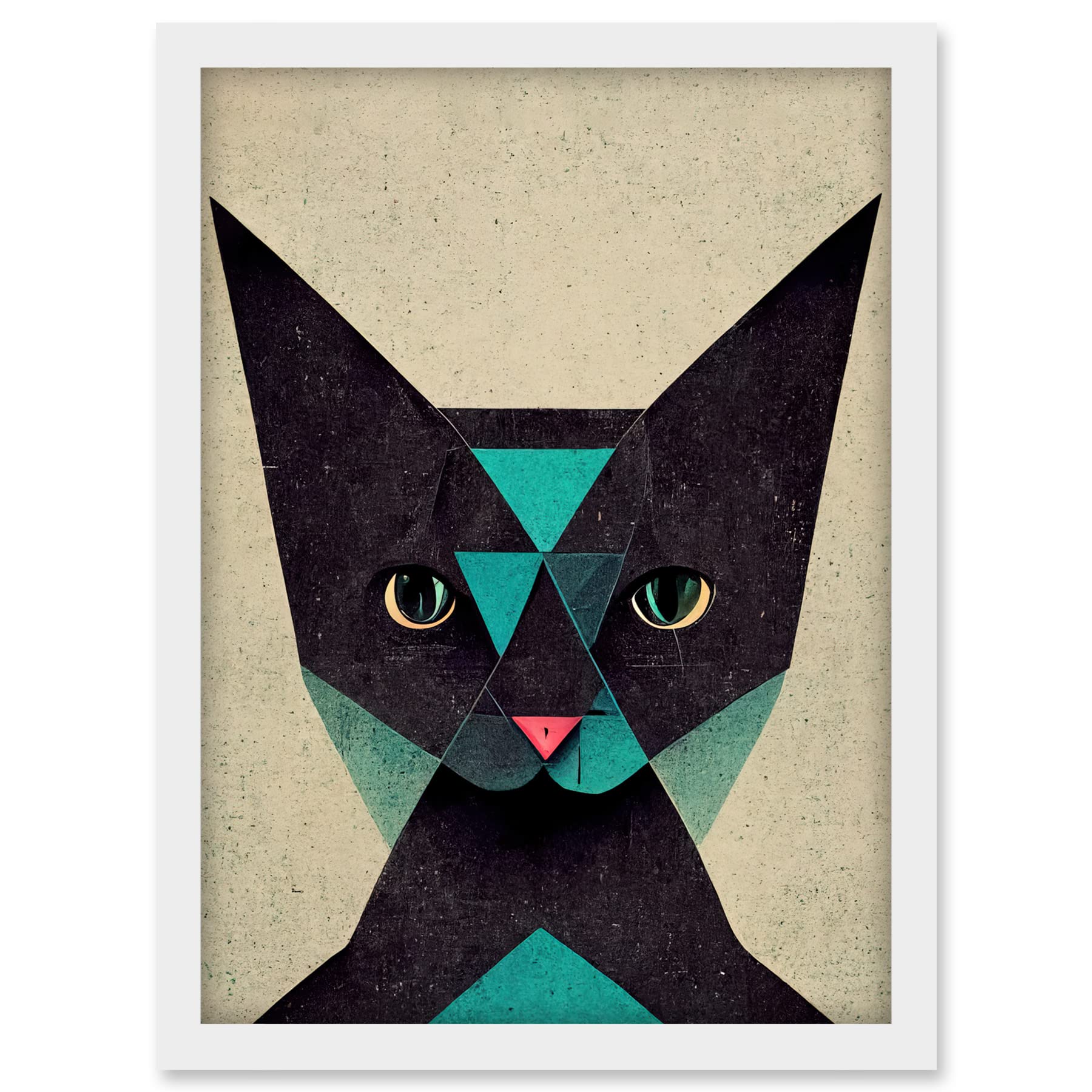 Doppelganger33 LTD Geometric Black Cat Teal Fun Quirky Artwork Framed A3 Wall Art Print