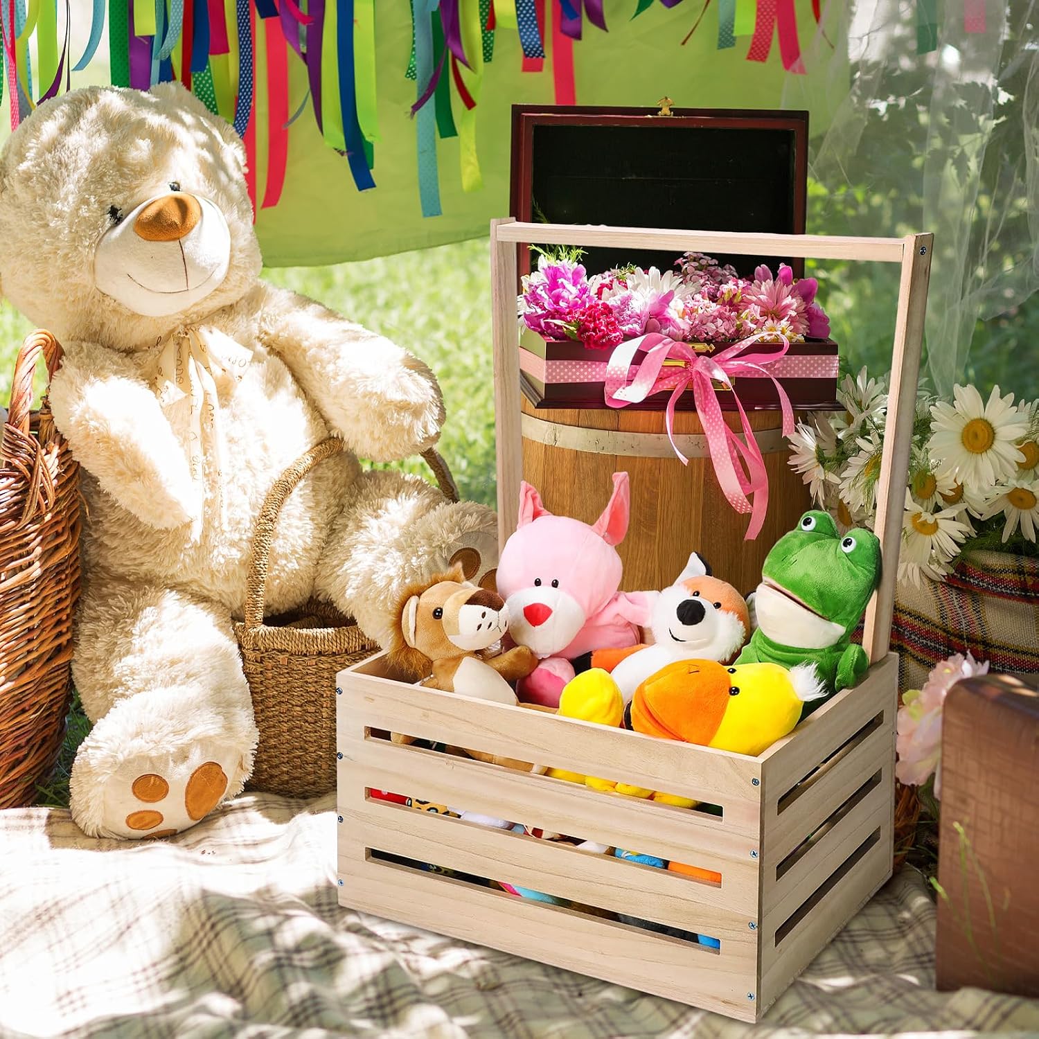Suzile Wooden Baby Shower Crate Closet Wood Basket for Gifts with Handle Boy Girl Clothes Gender Reveal Storage Box for Newborn New Parent(Wood Color)