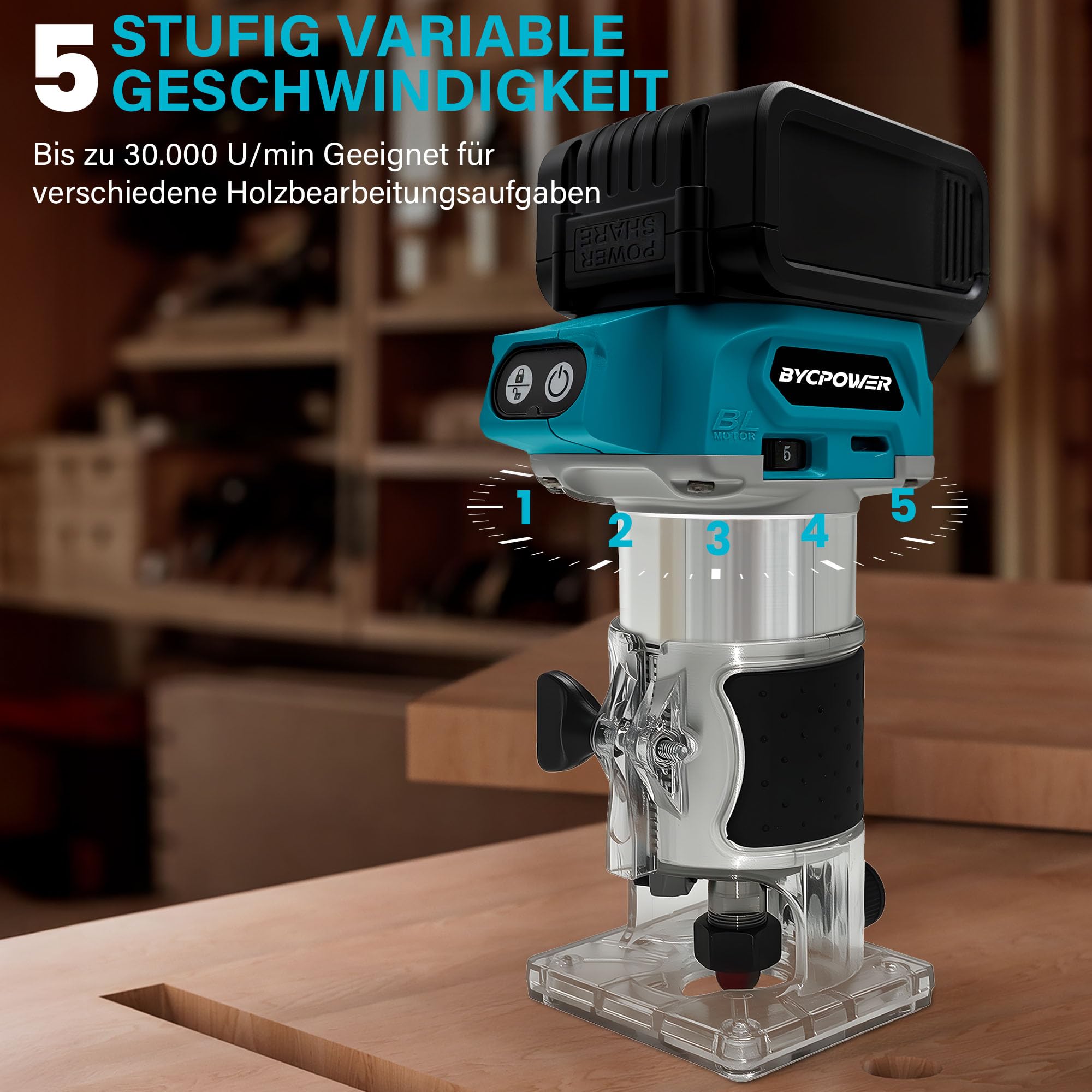 Akku Oberfräse für Makita 18V Akku, 800W Akku-Kantenfräse Set mit 5 Geschwindigkeit, 30000 U/min Bürstenloser Multifunktionsfräse Tragbarer Handfräser mit 15 Stück 1/4" Fräser Set(Ohne Akku)