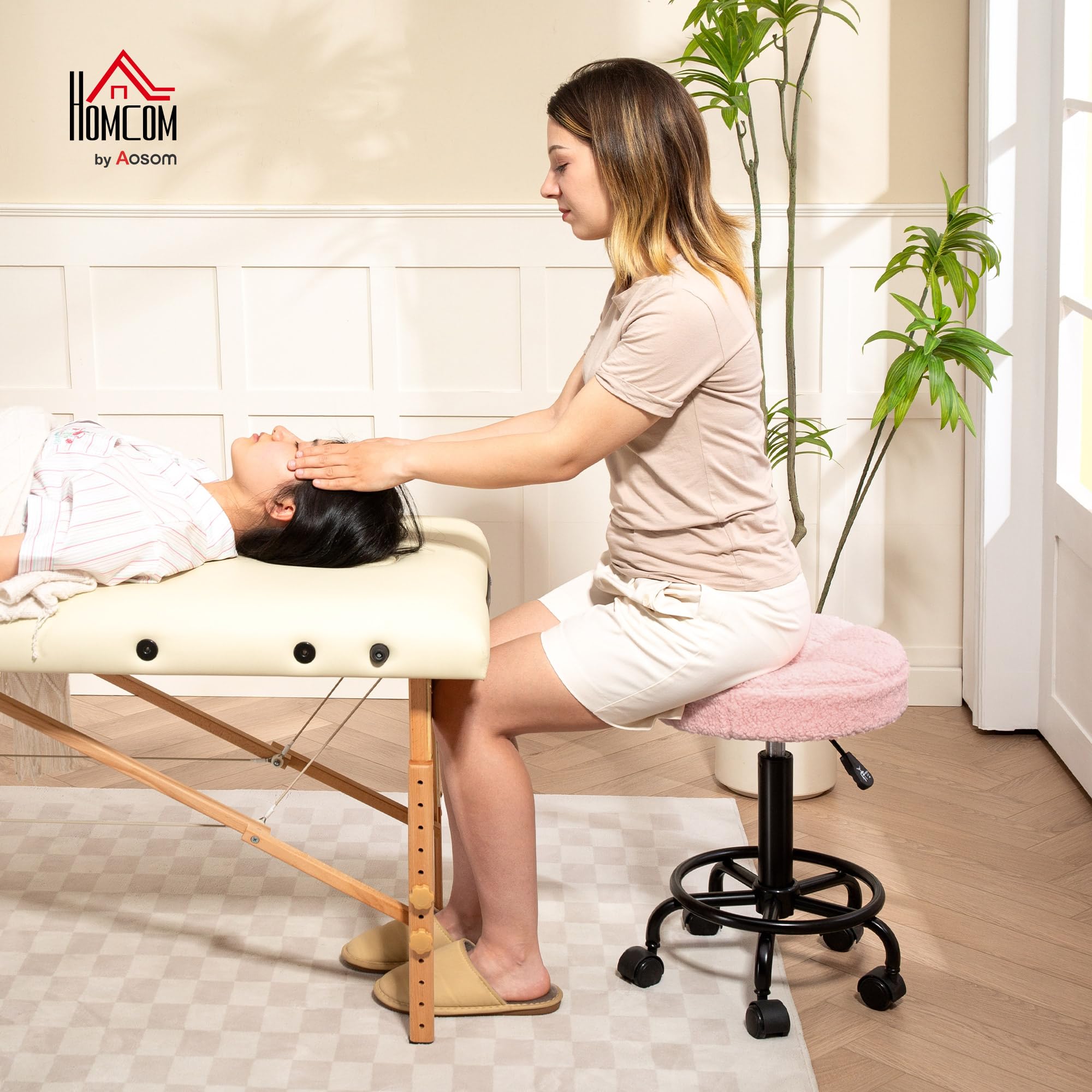 HOMCOM Taburete Giratorio Redondo Taburete con Ruedas Altura Regulable 50-66 cm Asiento Tapizado en Tejido de Borreguito para Salones Talleres SPA Masaje Rosa