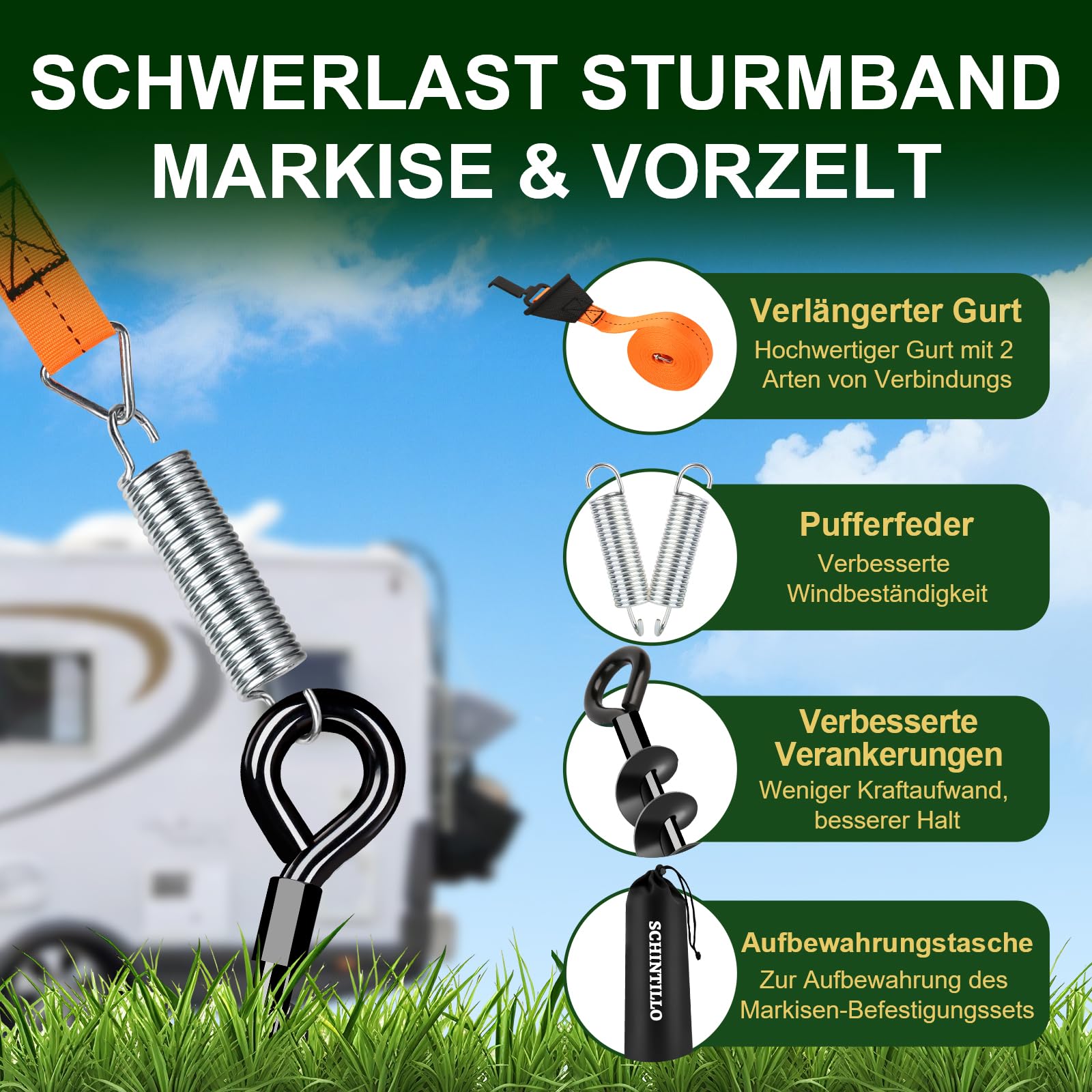 Sturmband Markise & Vorzelt für Thule & Fiamma, Sturmsicherung Wohnmobil Zubehör mit 37CM Spiralförmige Bodenanker
