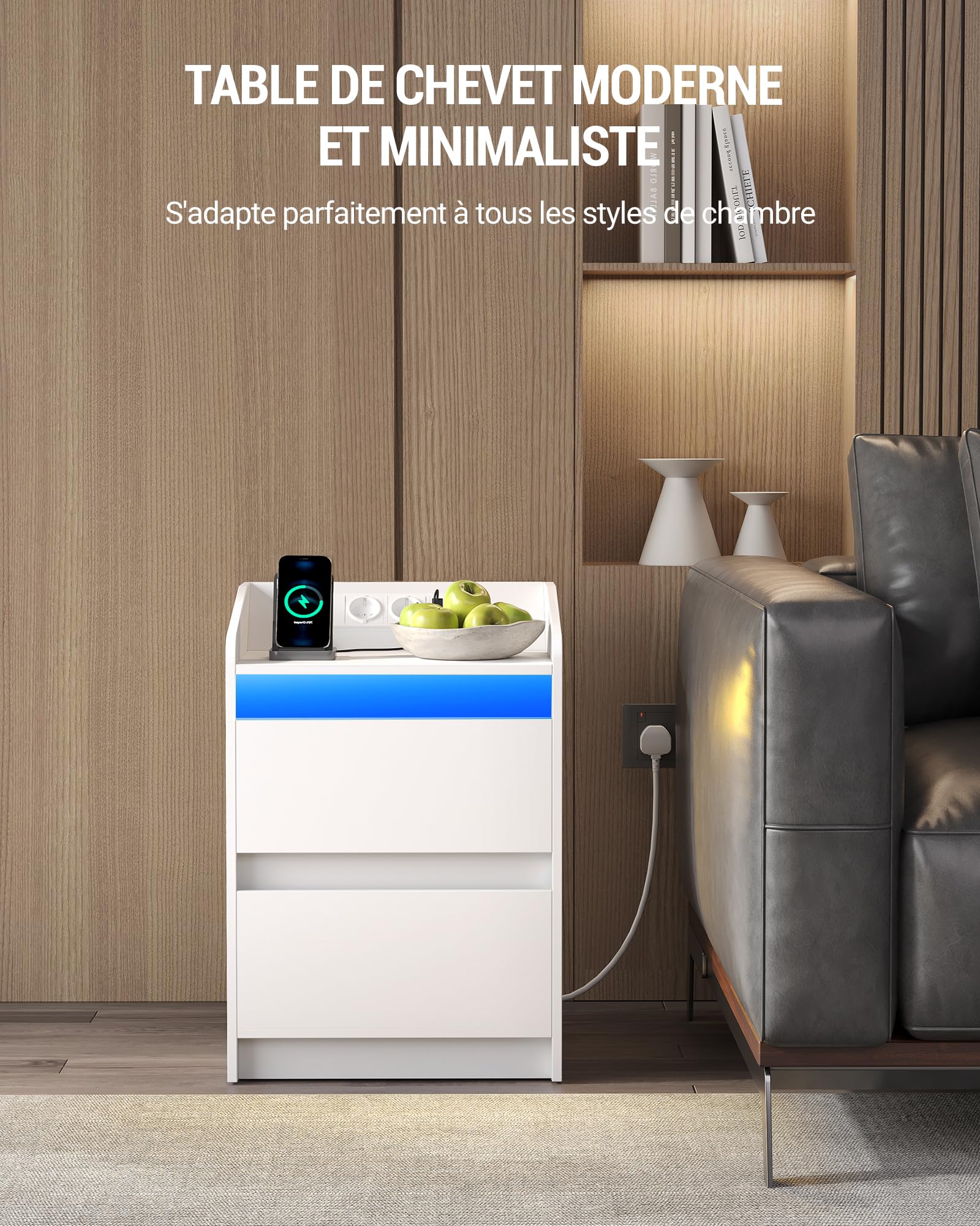 Hzuaneri Tables de Chevet avec lumières LED, Lot de 2, Station de Chargement et 2 tiroirs, Table d'appoint avec Ports USB et Prises électriques, pour la Chambre à Coucher, Blanc NS30103X