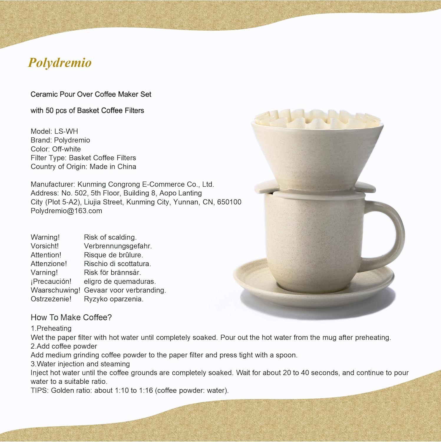 Ceramic Pour Over Coffee Maker with 50 PCS Basket Coffee Filters, 310 ml/10 oz Mug with Saucer & Coffee Dripper, Off-white