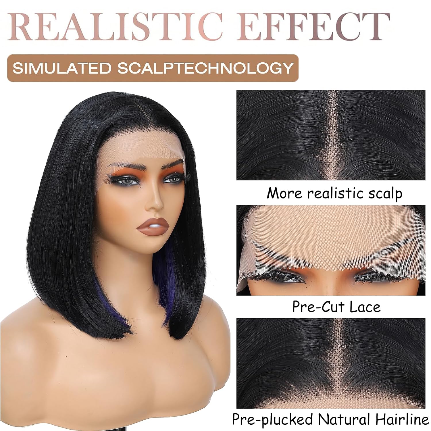 Short Bob Wig with Highlights for Women, Straight Lace Front Wig Natural Middle Part Shoulder Length Synthetic Hair Wig, Black Wig with Peekaboo Blue