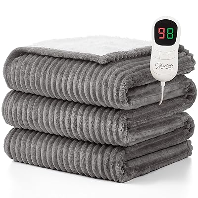 Homemate Heated Blanket Electric Throw - 50"x60" Heating Blanket Throw 1/2/4/6/8 Hours Auto-Off 10 Heat Level Over-Heat Protection Flannel Sherpa ETL Certification
