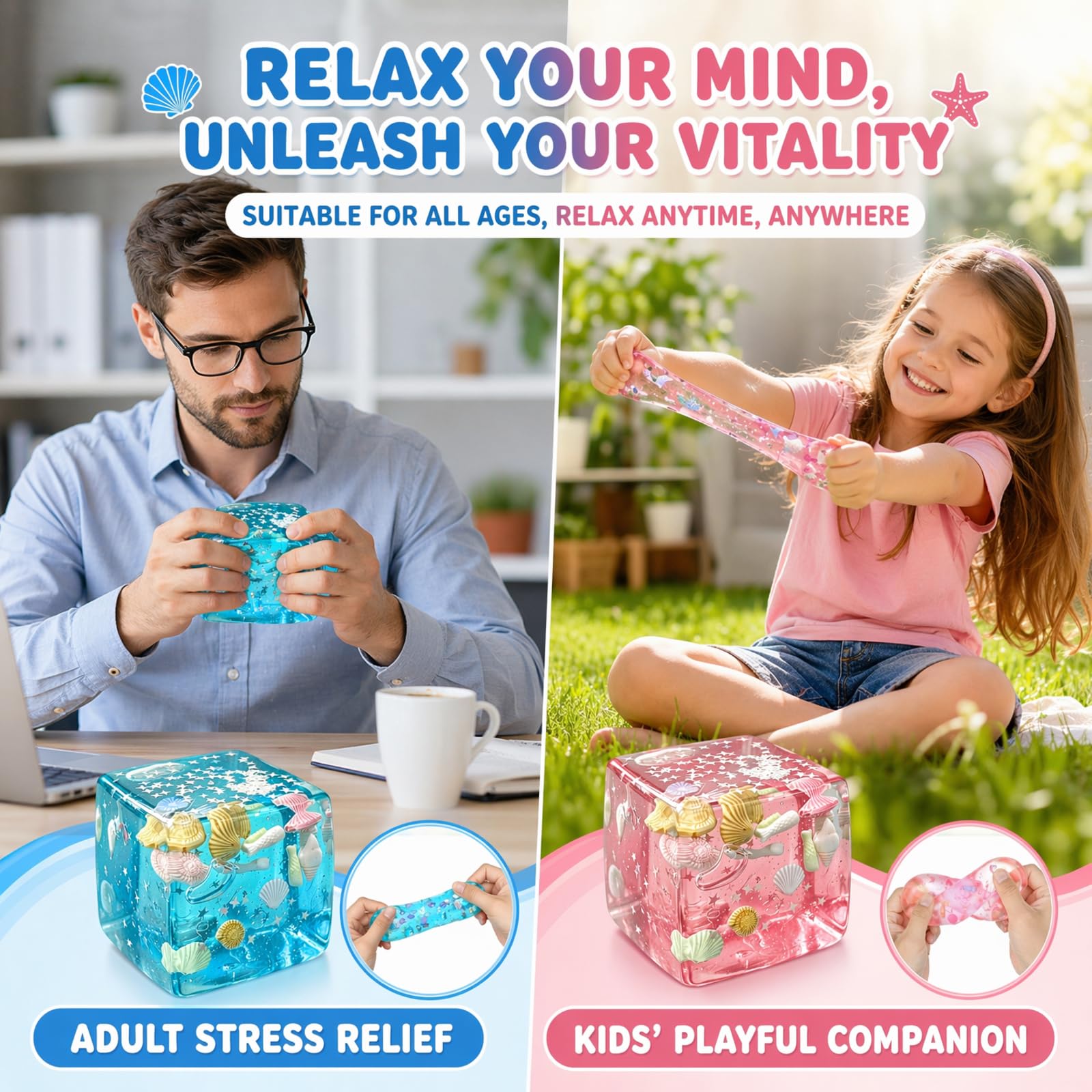 2 Stück Squishy Ice Cube Stresswürfel, 5.5CM Nice Ice Cube Squishy, Ozean Muscheln Eiswürfel Fidget Toys, Relief Sensory Squeeze, Anti Stress Sensorik Geschenke Spielzeug für Kinder & Erwachsene