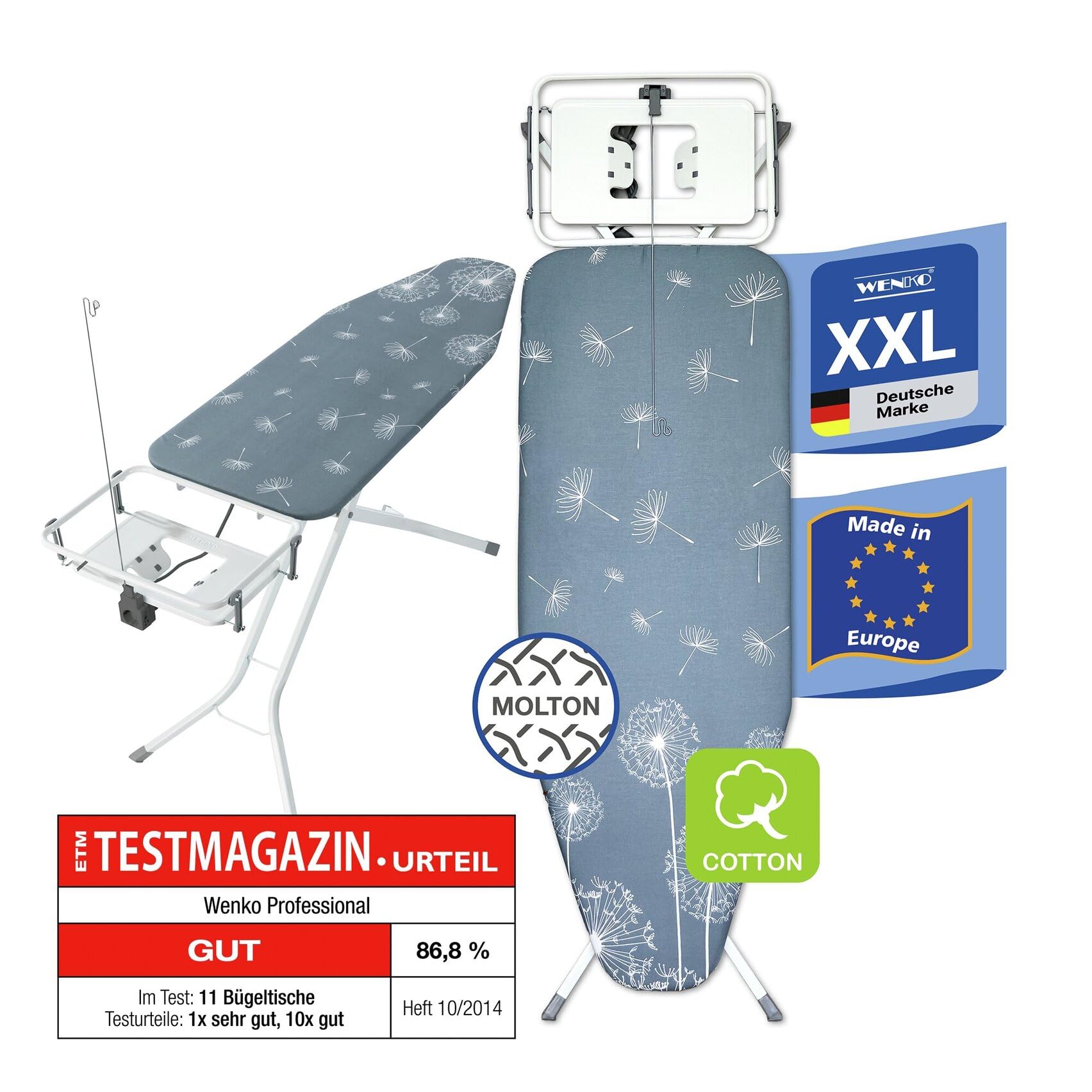 WENKO XXL Bügelbrett für Dampfbügelstation & Dampfbügeleisen, standfest | Bügeltisch 130 x 48 cm, TÜV/GS, höhenverstellbar, mit Steckdose, absenkbare Ablage & Polsterung, weiß/grau, Mod. Professional